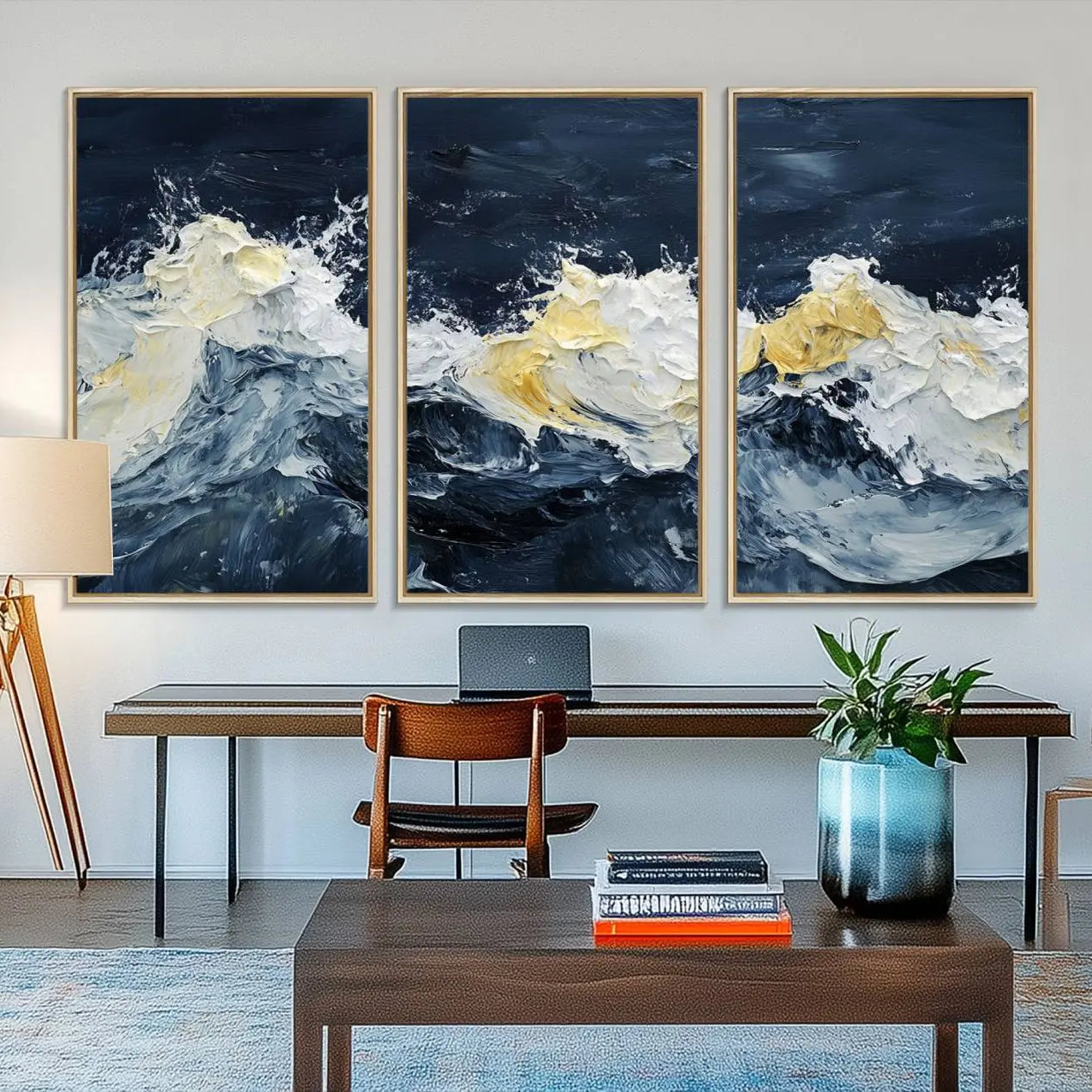 89192-MGV-FC-48X32-3P_Natural-Abstract Ocean Waves Canvas Wall Art Print - Framed Blue and White Sea Painting - Modern Coastal