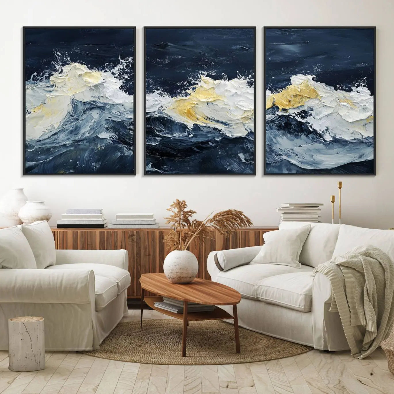 89192-MGV-FC-60X30-3P_Black-Abstract Ocean Waves Canvas Wall Art Print - Framed Blue and White Sea Painting - Modern Coastal