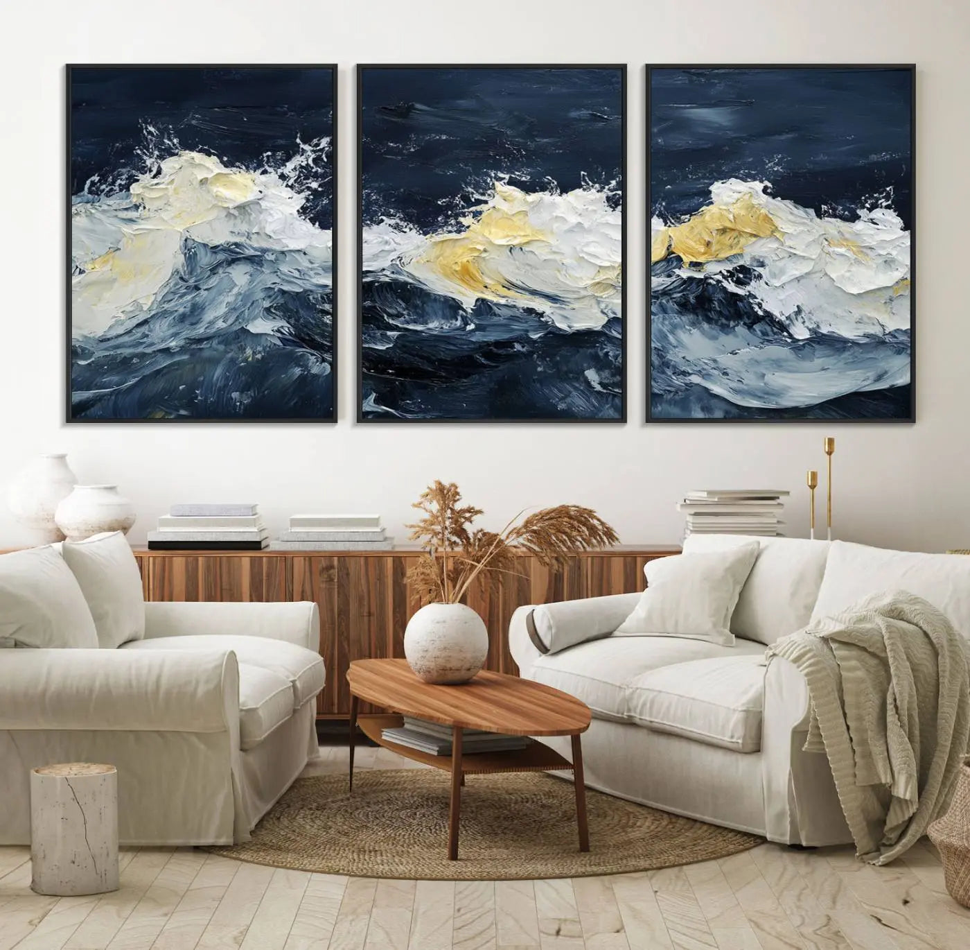 89192-MGV-FC-60X30-3P_Black-Abstract Ocean Waves Wall Art Canvas Print – Framed Blue White Sea Painting Modern Coastal Artwork for Home, Office Decor