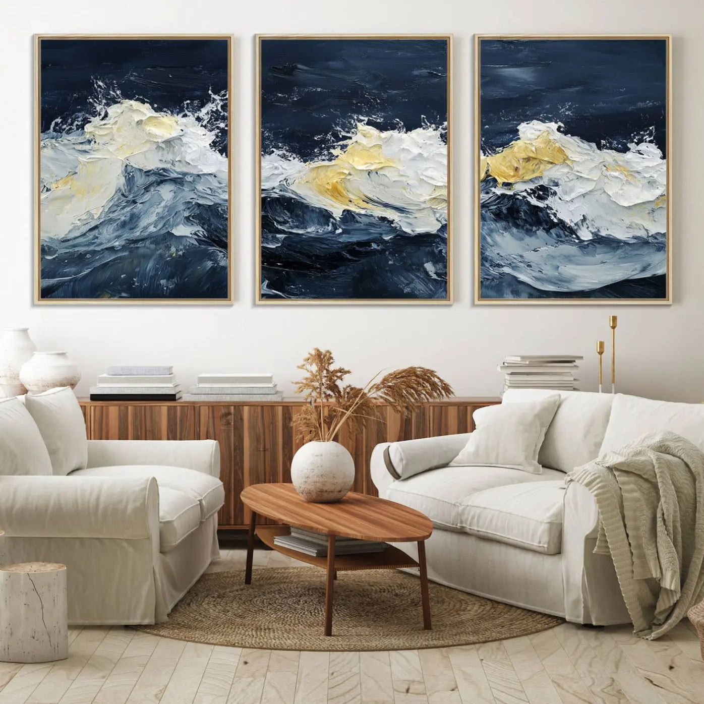 89192-MGV-FC-60X30-3P_Natural-Abstract Ocean Waves Canvas Wall Art Print - Framed Blue and White Sea Painting - Modern Coastal