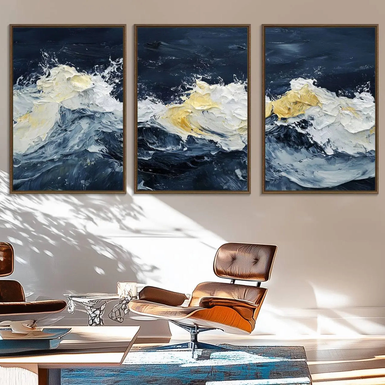 89192-MGV-FC-60X30-3P_Walnut-Abstract Ocean Waves Canvas Wall Art Print - Framed Blue and White Sea Painting - Modern Coastal