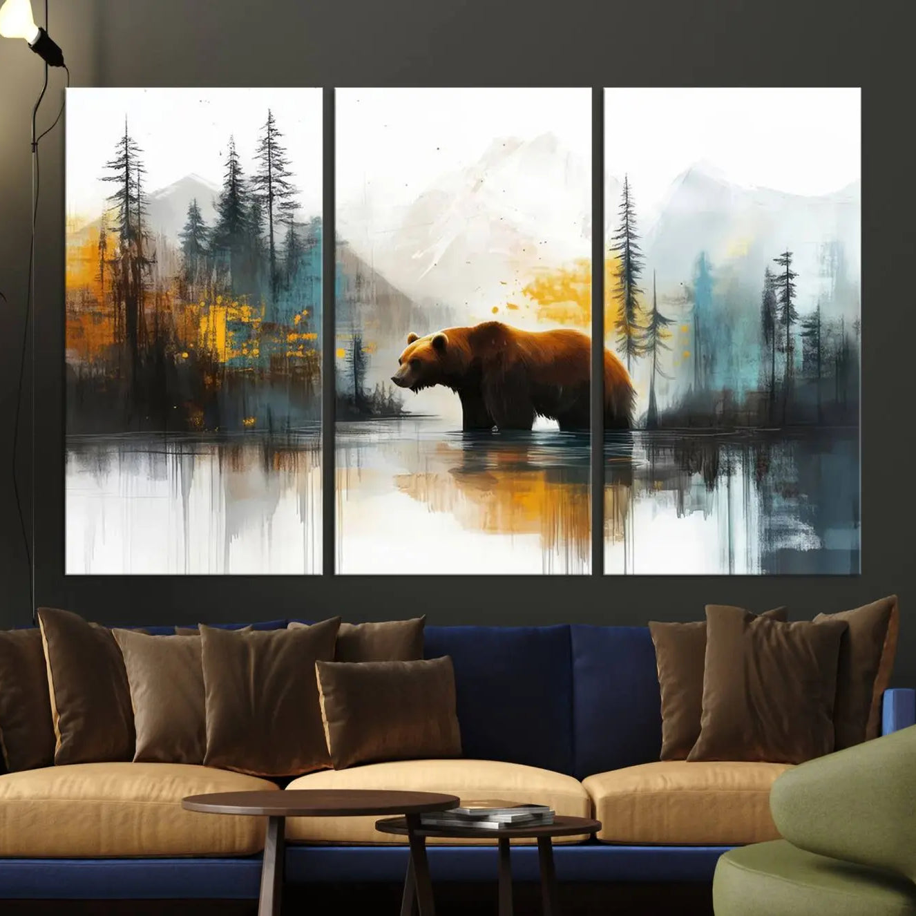 50308-MGV-CV-36X24-Abstract Rustic Bear Wall Art Canvas Print – Forest Mountain Nature Scene Wildlife Artwork for Home, Office Decor