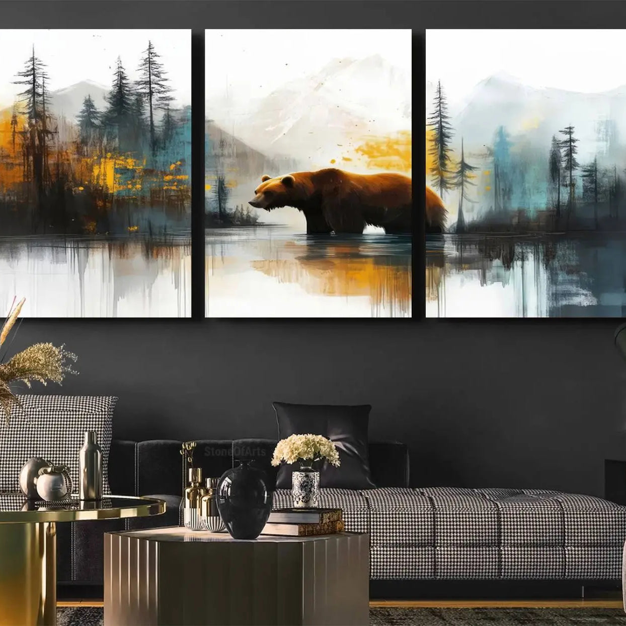 50308-MGV-CV-36X24-Abstract Rustic Bear Wall Art Canvas Print – Forest Mountain Nature Scene Wildlife Artwork for Home, Office Decor