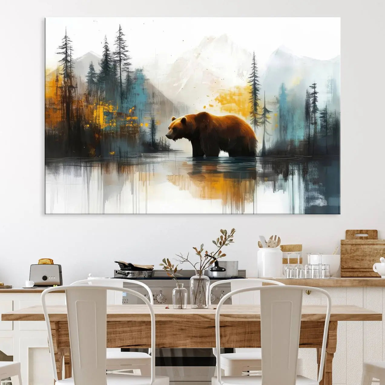 50308-MGV-CV-36X24-Abstract Rustic Bear Wall Art Canvas Print – Forest Mountain Nature Scene Wildlife Artwork for Home, Office Decor