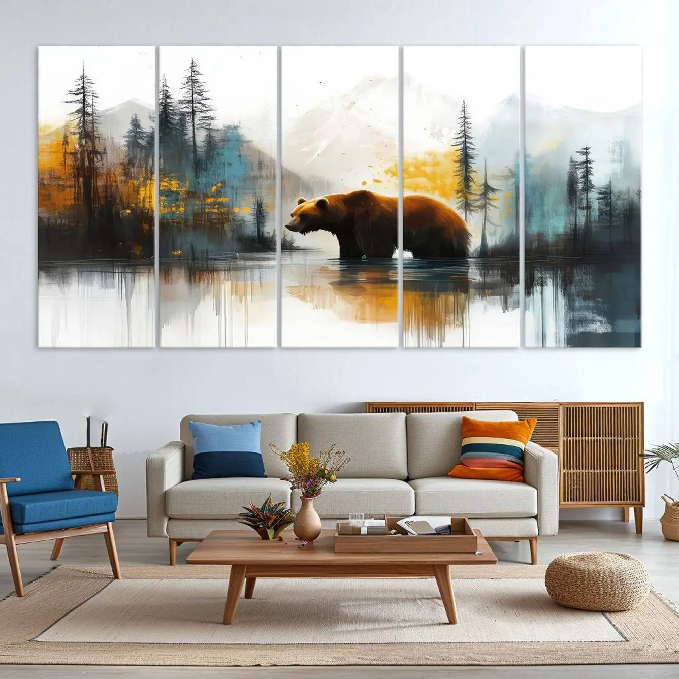 50308-MGV-CV-36X24-Abstract Rustic Bear Wall Art Canvas Print – Forest Mountain Nature Scene Wildlife Artwork for Home, Office Decor
