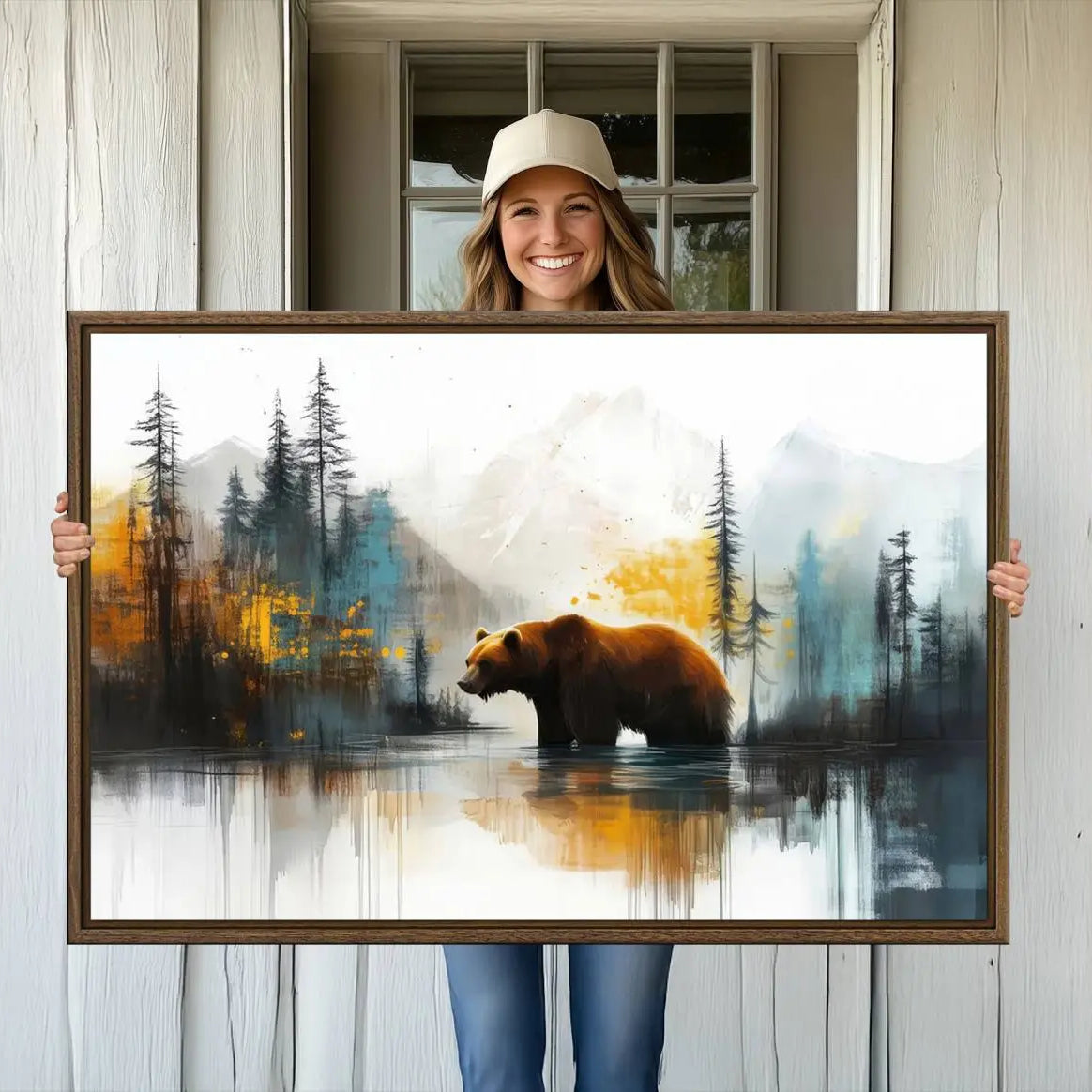 50308-MGV-CV-36X24-Abstract Rustic Bear Wall Art Canvas Print – Forest Mountain Nature Scene Wildlife Artwork for Home, Office Decor