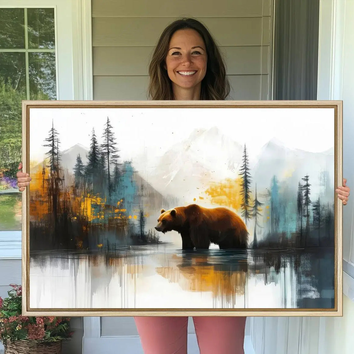 50308-MGV-CV-36X24-Abstract Rustic Bear Wall Art Canvas Print – Forest Mountain Nature Scene Wildlife Artwork for Home, Office Decor