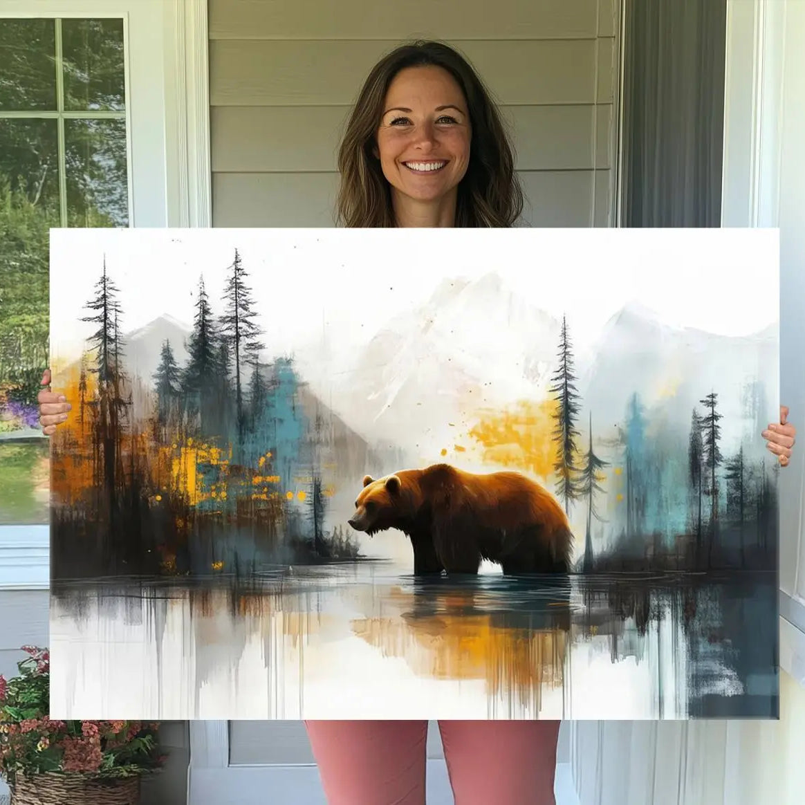 50308-MGV-CV-36X24-Abstract Rustic Bear Wall Art Canvas Print – Forest Mountain Nature Scene Wildlife Artwork for Home, Office Decor