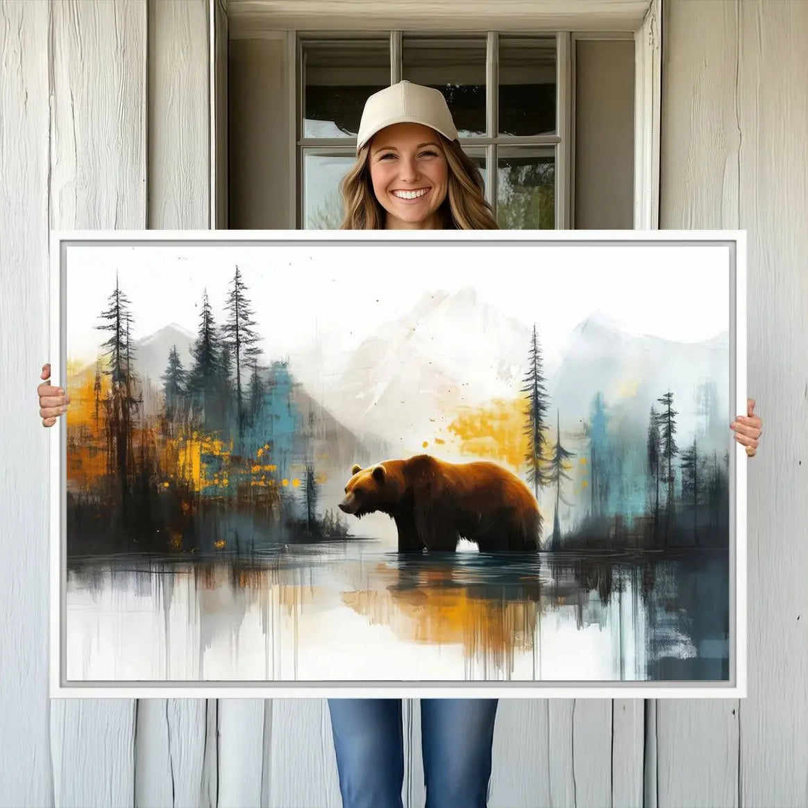 50308-MGV-CV-36X24-Abstract Rustic Bear Wall Art Canvas Print – Forest Mountain Nature Scene Wildlife Artwork for Home, Office Decor
