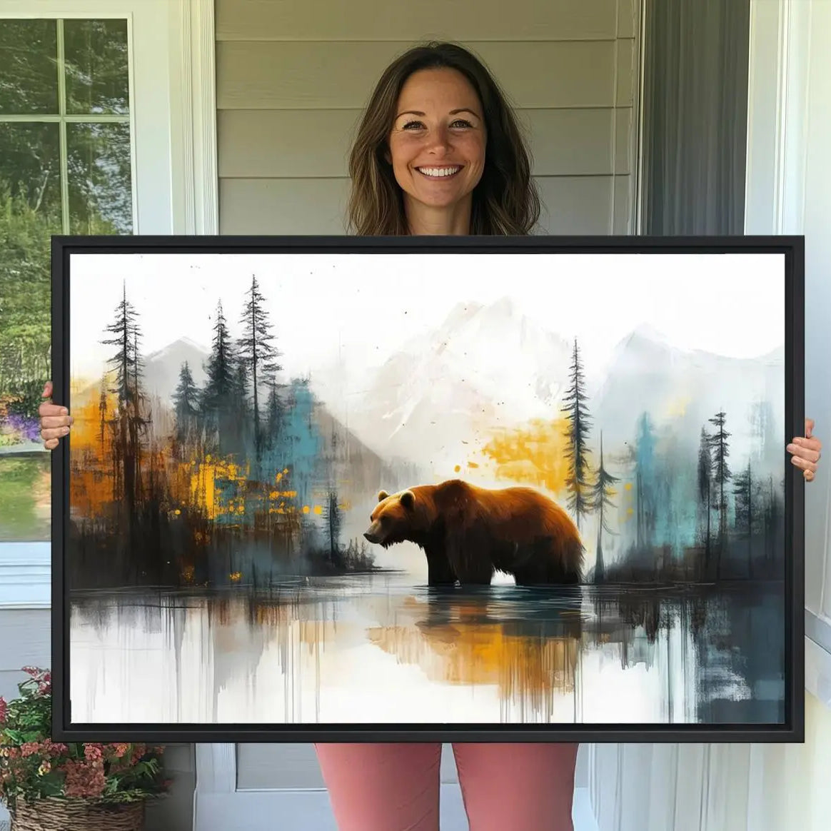 50308-MGV-CV-36X24-Abstract Rustic Bear Wall Art Canvas Print – Forest Mountain Nature Scene Wildlife Artwork for Home, Office Decor