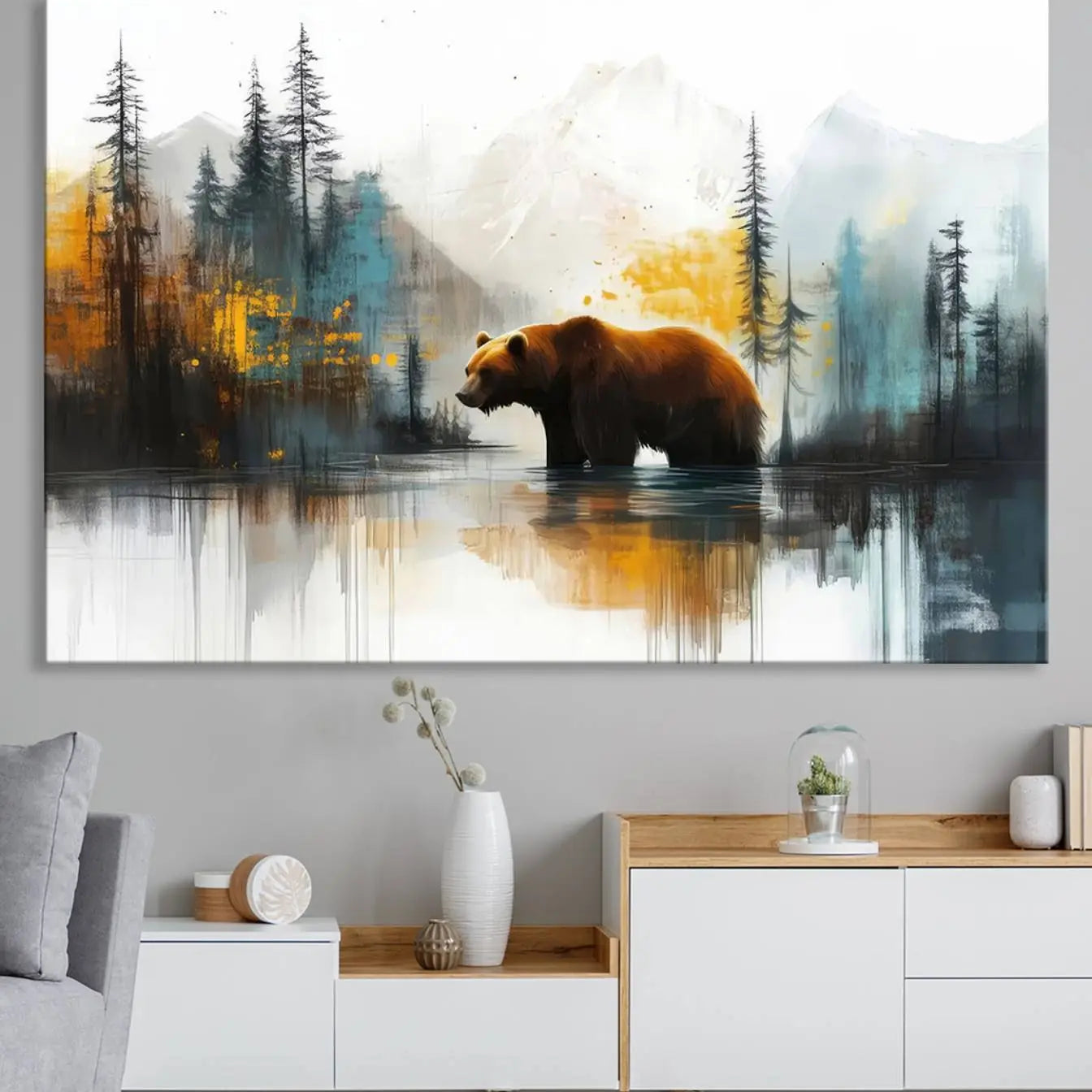 50308-MGV-CV-36X24-Abstract Rustic Bear Wall Art Canvas Print – Forest Mountain Nature Scene Wildlife Artwork for Home, Office Decor