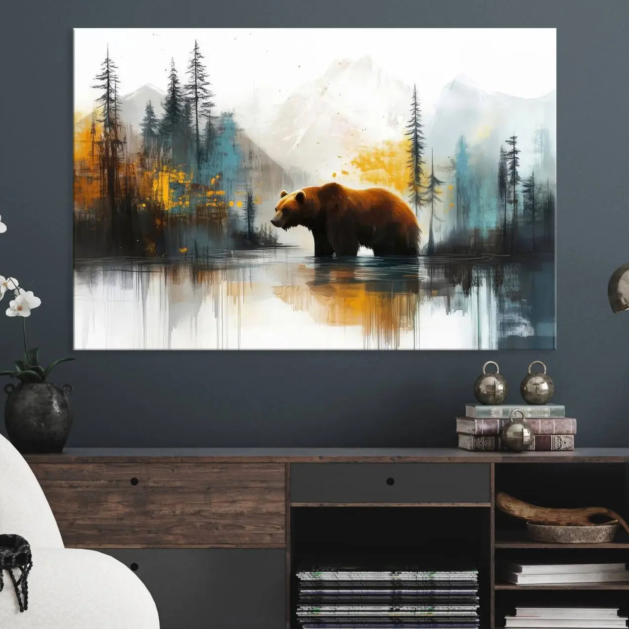 50308-MGV-CV-36X24-Abstract Rustic Bear Wall Art Canvas Print – Forest Mountain Nature Scene Wildlife Artwork for Home, Office Decor