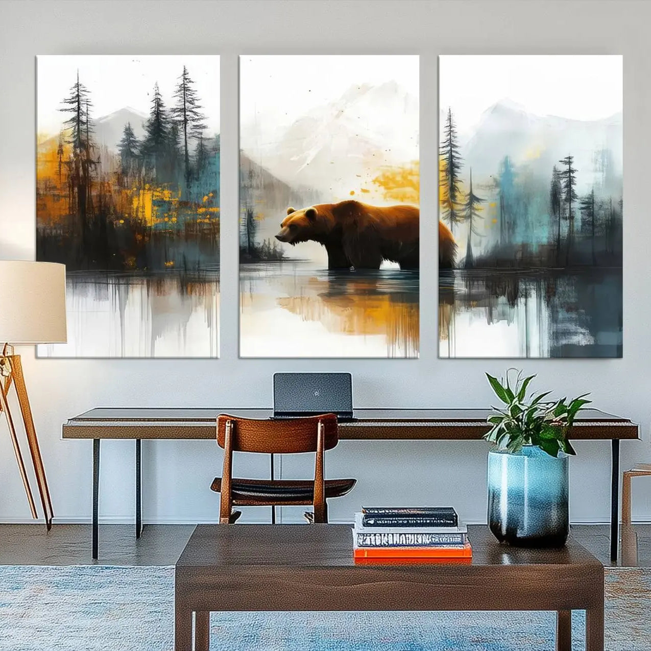 50308-MGV-CV-48X32-3P-Abstract Rustic Bear Wall Art Canvas Print – Forest Mountain Nature Scene Wildlife Artwork for Home, Office Decor