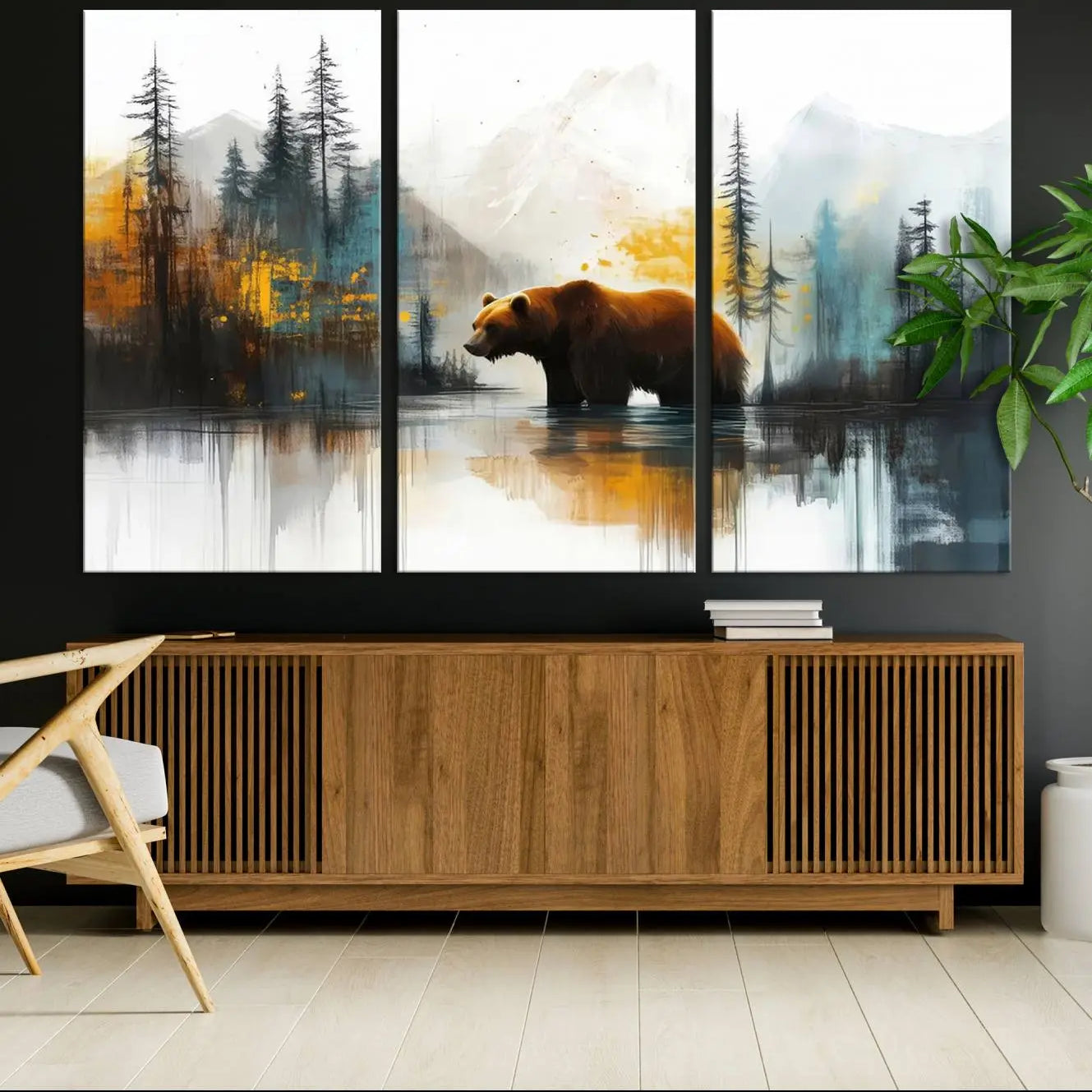 50308-MGV-CV-36X24-Abstract Rustic Bear Wall Art Canvas Print – Forest Mountain Nature Scene Wildlife Artwork for Home, Office Decor