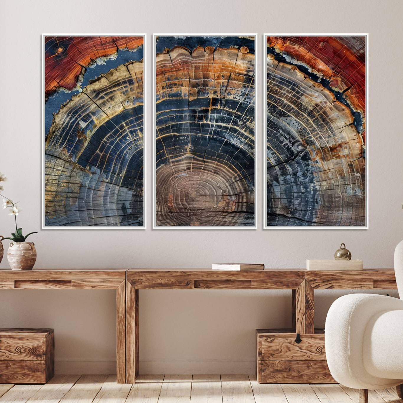 63519-MGV-FC-48X32-3P_White-Abstract Tree Ring Wall Art - Colorful Framed Tree Ring Wall Decor, Minimalist Home Canvas Art,
