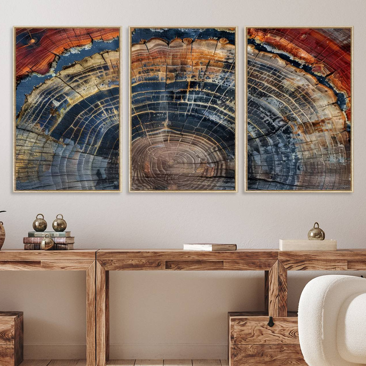 63519-MGV-FC-60X30-3P_Natural-Abstract Tree Ring Wall Art - Colorful Framed Tree Ring Wall Decor, Minimalist Home Canvas Art,