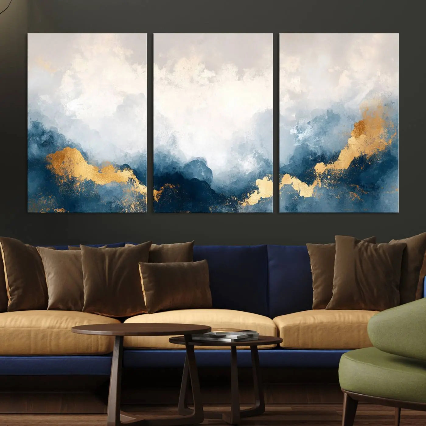 14578-MGV-CV-36X24-Abstract Blue Gold Cloud Wall Art Canvas Print – Framed Modern Elegant Landscape Artwork for Home, Office Decor