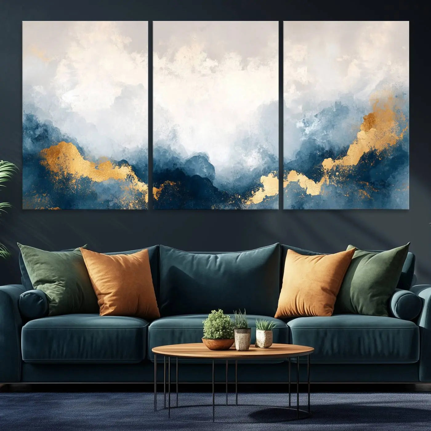 14578-MGV-CV-36X24-Abstract Blue Gold Cloud Wall Art Canvas Print – Framed Modern Elegant Landscape Artwork for Home, Office Decor