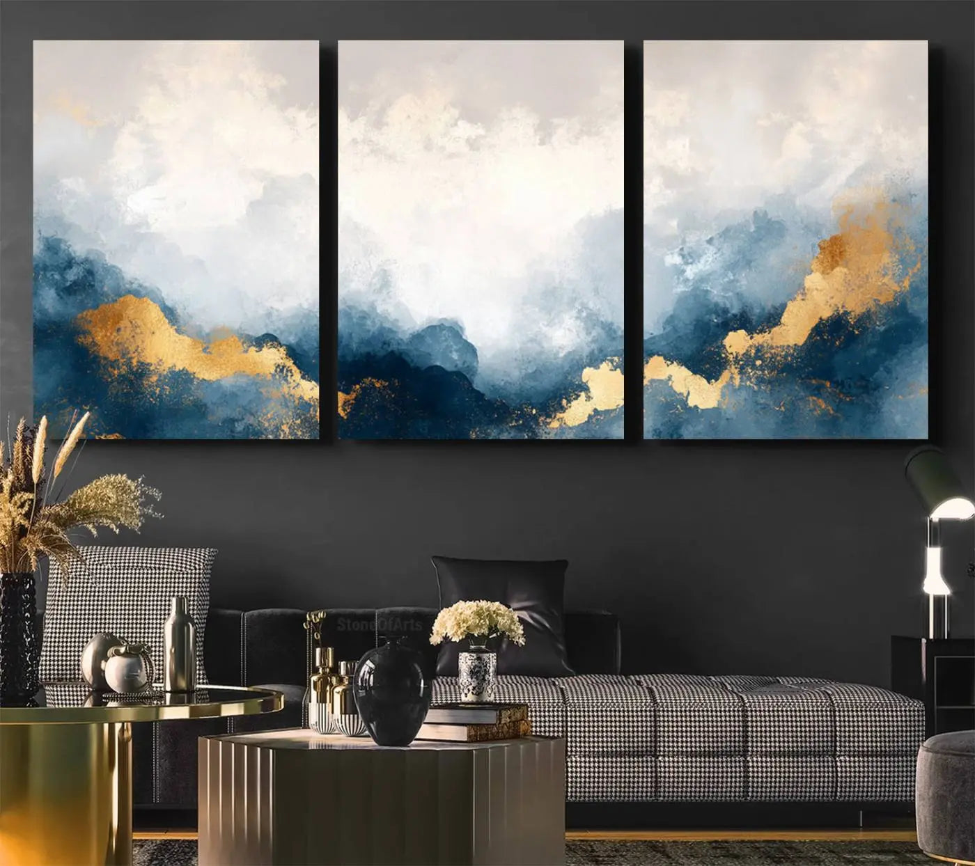 14578-MGV-CV-36X24-Abstract Blue Gold Cloud Wall Art Canvas Print – Framed Modern Elegant Landscape Artwork for Home, Office Decor