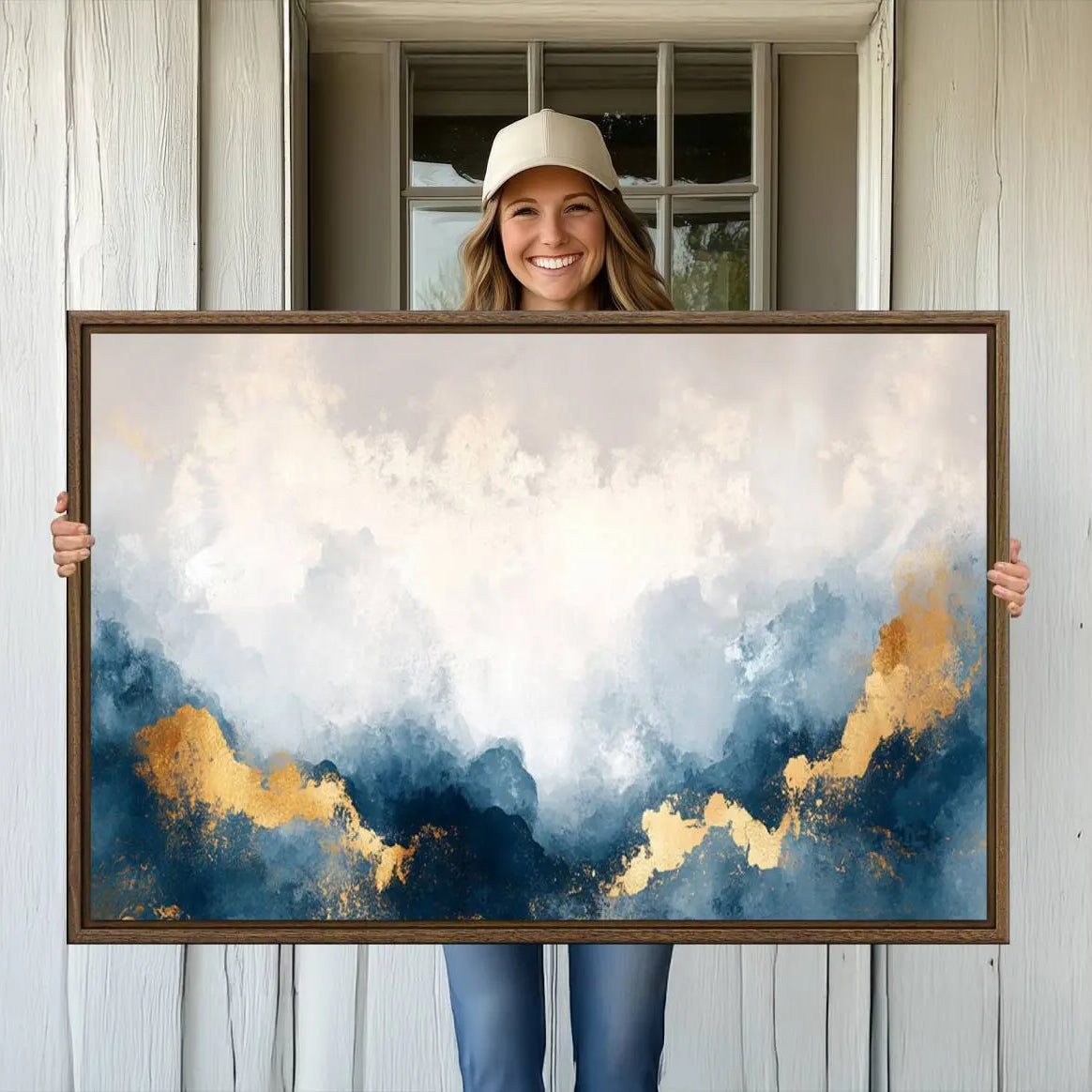 14578-MGV-CV-36X24-Abstract Blue Gold Cloud Wall Art Canvas Print – Framed Modern Elegant Landscape Artwork for Home, Office Decor