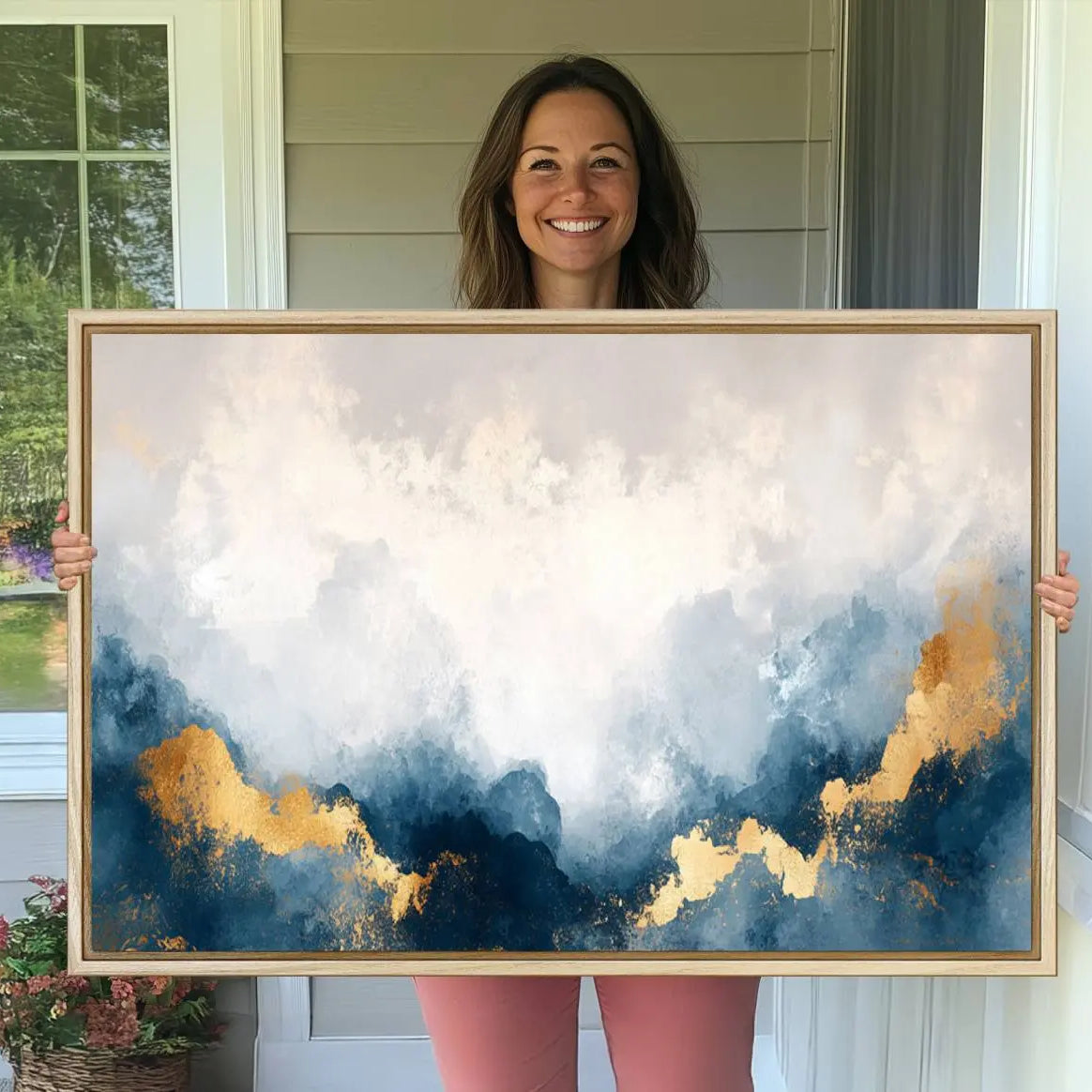 14578-MGV-CV-36X24-Abstract Blue Gold Cloud Wall Art Canvas Print – Framed Modern Elegant Landscape Artwork for Home, Office Decor