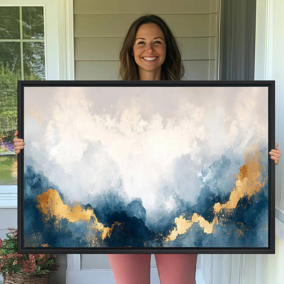 14578-MGV-CV-36X24-Abstract Blue Gold Cloud Wall Art Canvas Print – Framed Modern Elegant Landscape Artwork for Home, Office Decor