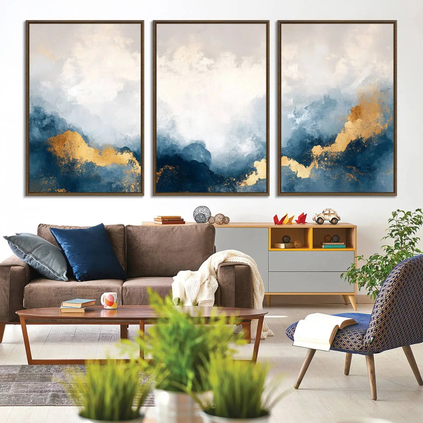 14578-MGV-CV-36X24-Abstract Blue Gold Cloud Wall Art Canvas Print – Framed Modern Elegant Landscape Artwork for Home, Office Decor
