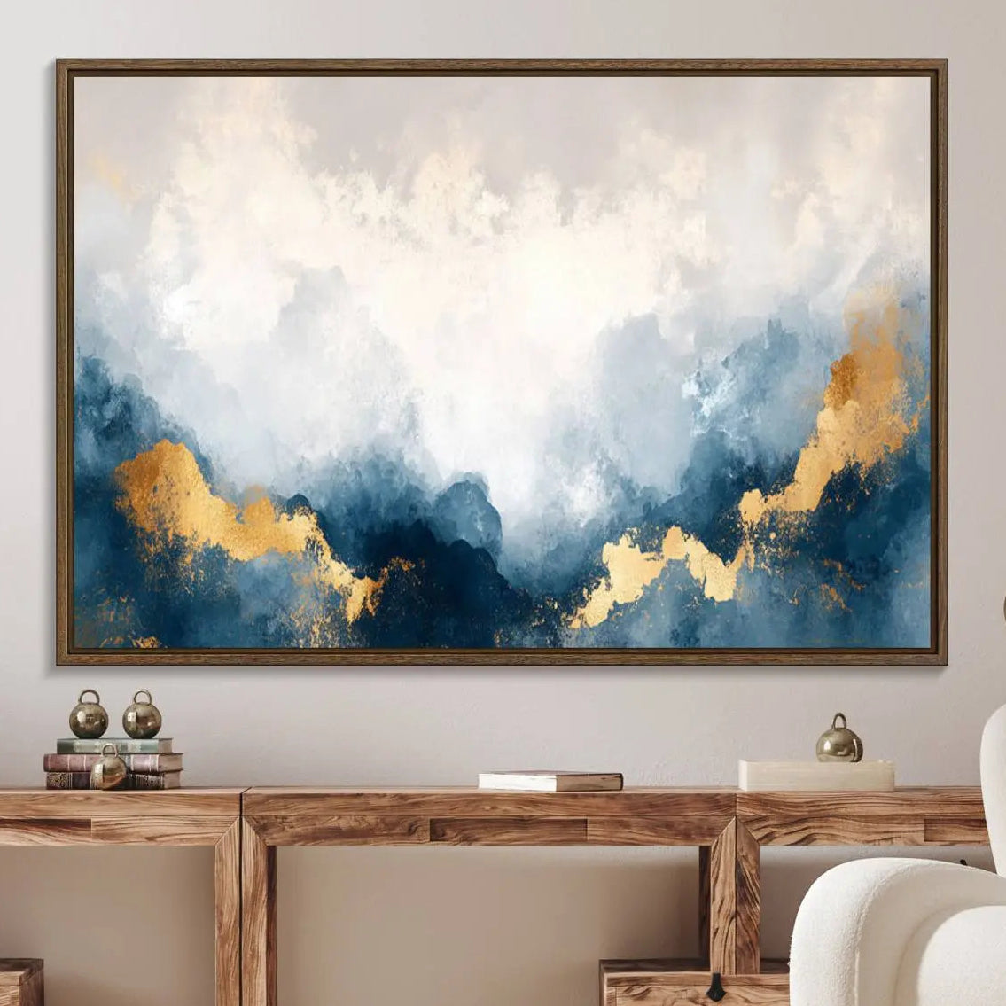 14578-MGV-FC-36X24_Walnut-Abstract Blue Gold Cloud Wall Art Canvas Print – Framed Modern Elegant Landscape Artwork for Home, Office Decor