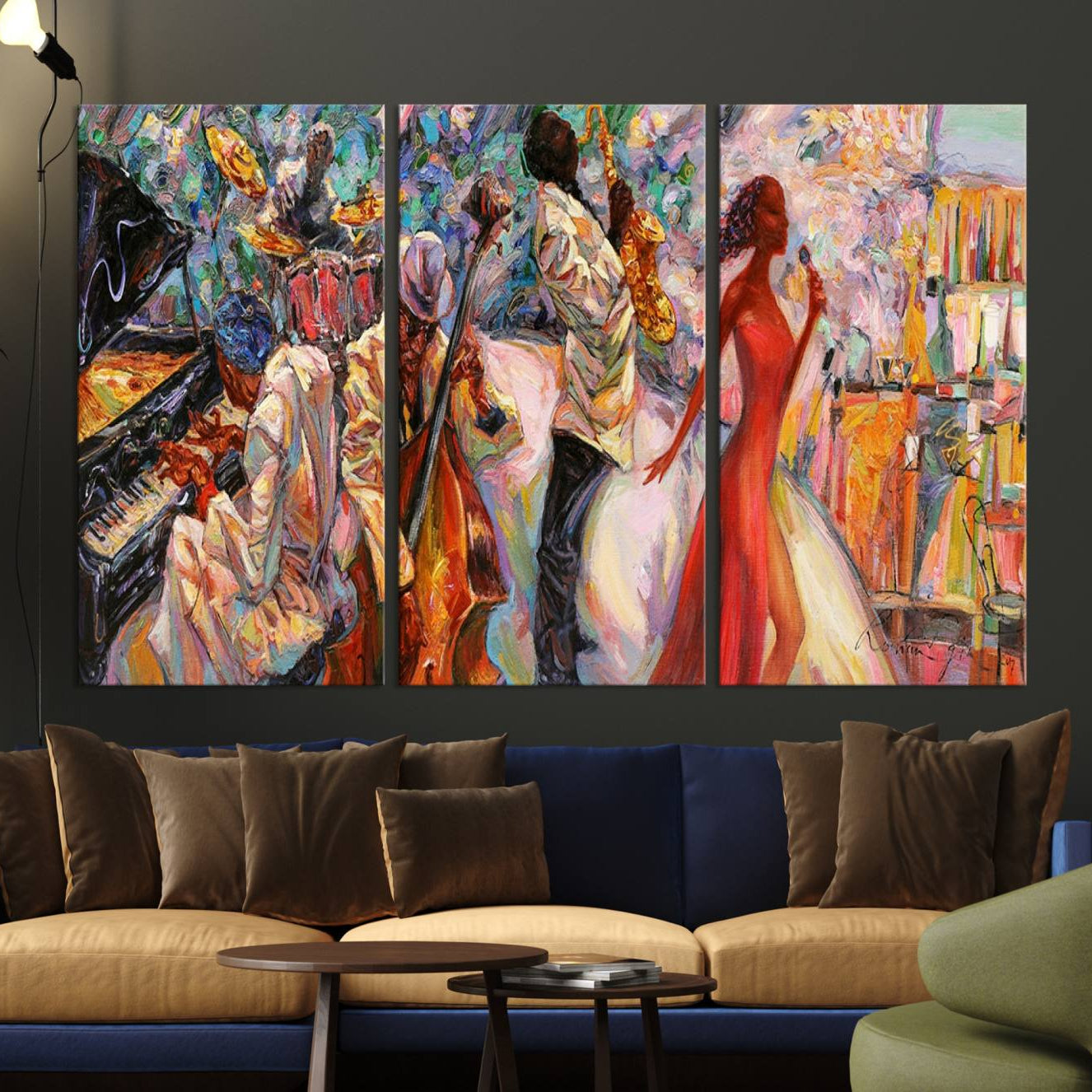 40574-MGV-CV-36X24-Afro American Jazz Band Canvas Wall Art | 3 Panel Music Printing for Living Room