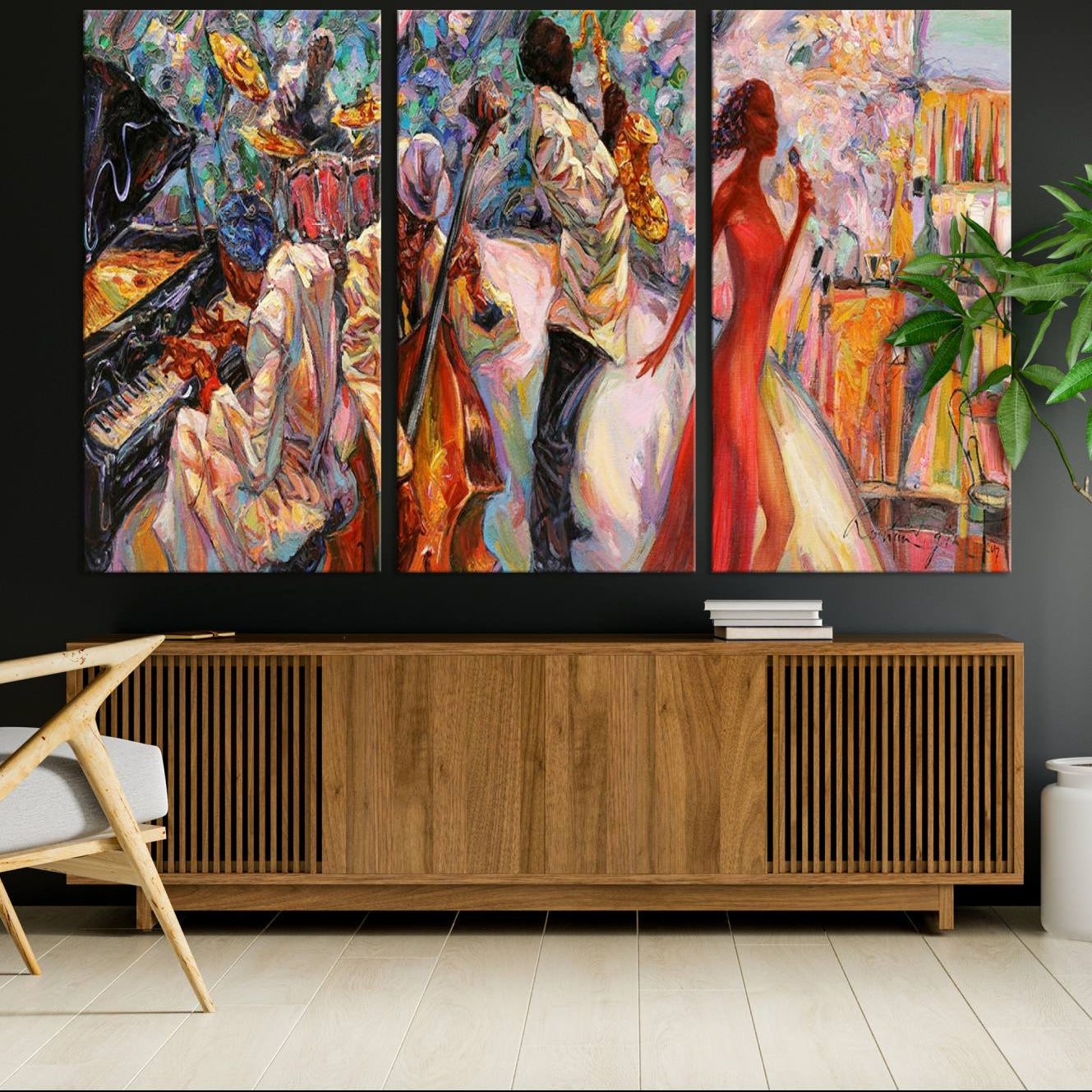40574-MGV-CV-36X24-Afro American Jazz Band Canvas Wall Art | 3 Panel Music Printing for Living Room