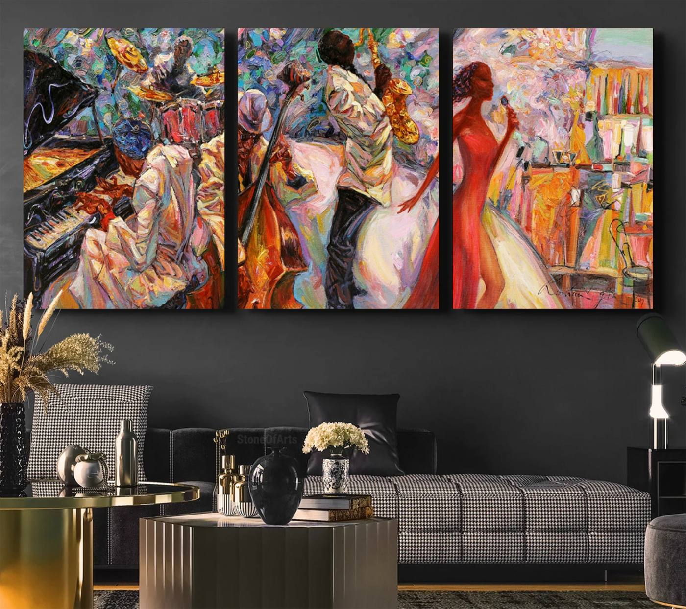 -Afro American Jazz Band Canvas Wall Art | 3 Panel Music Printing for Living Room