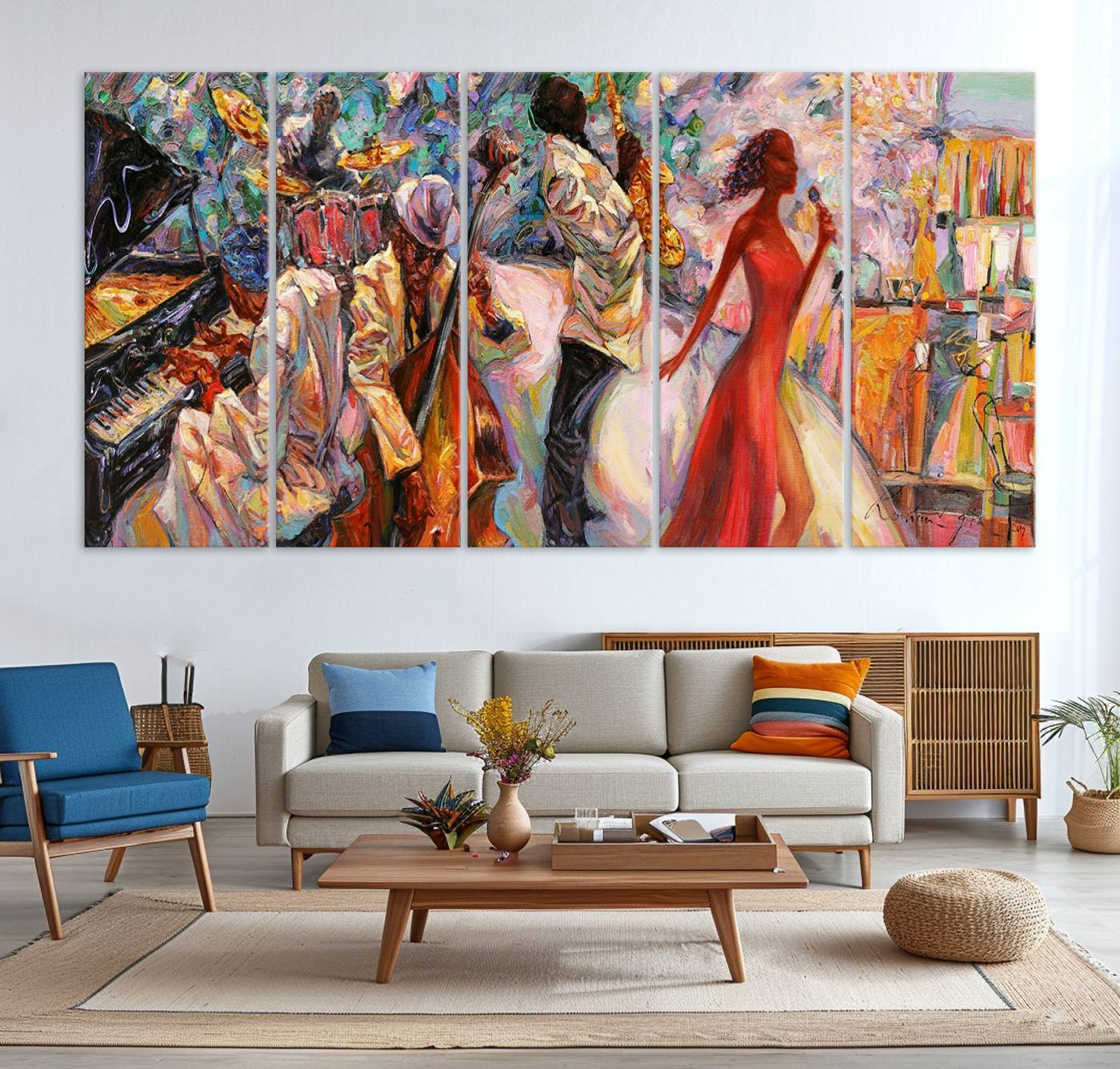 -Afro American Jazz Band Canvas Wall Art | 3 Panel Music Printing for Living Room