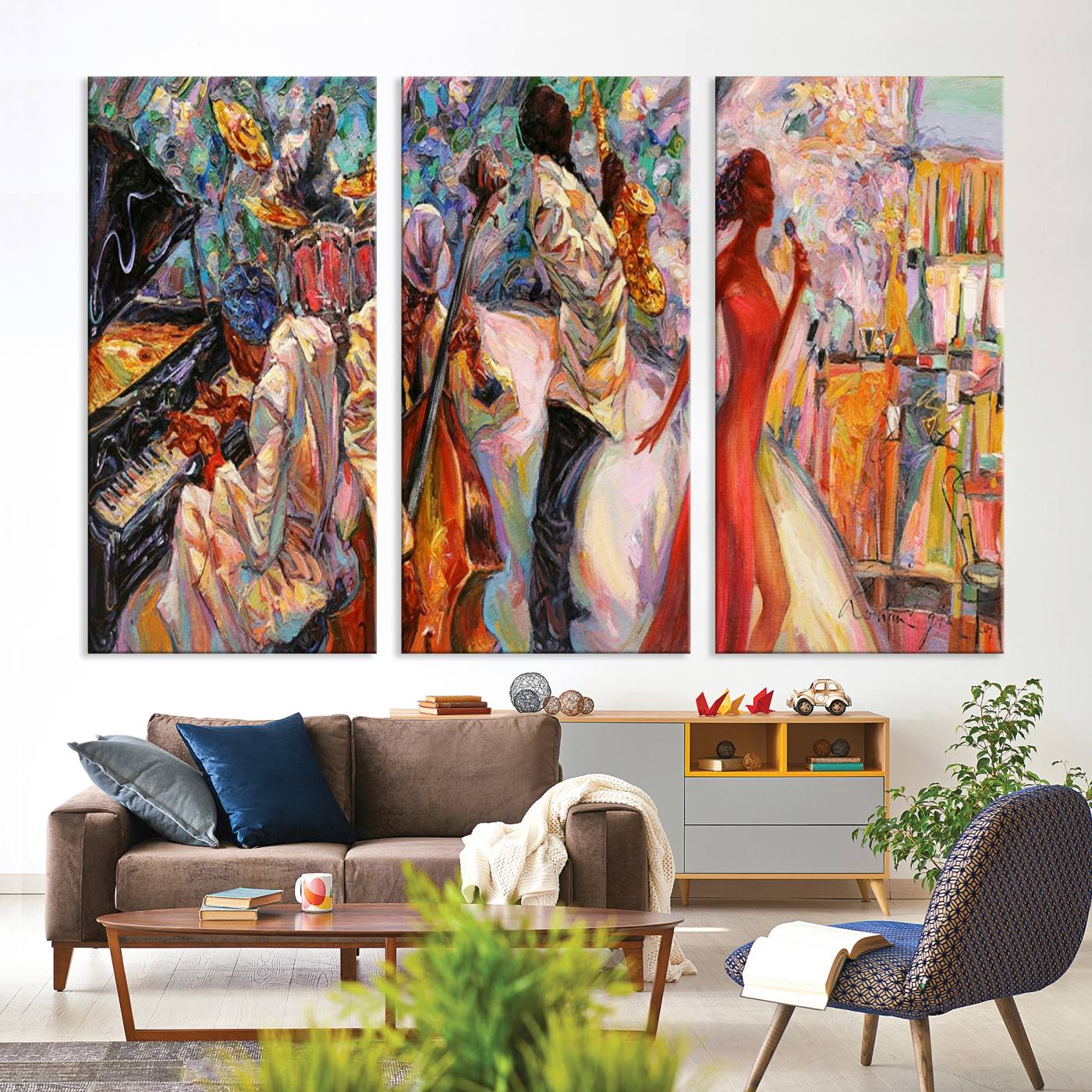 40574-MGV-CV-36X24-Afro American Jazz Band Canvas Wall Art | 3 Panel Music Printing for Living Room