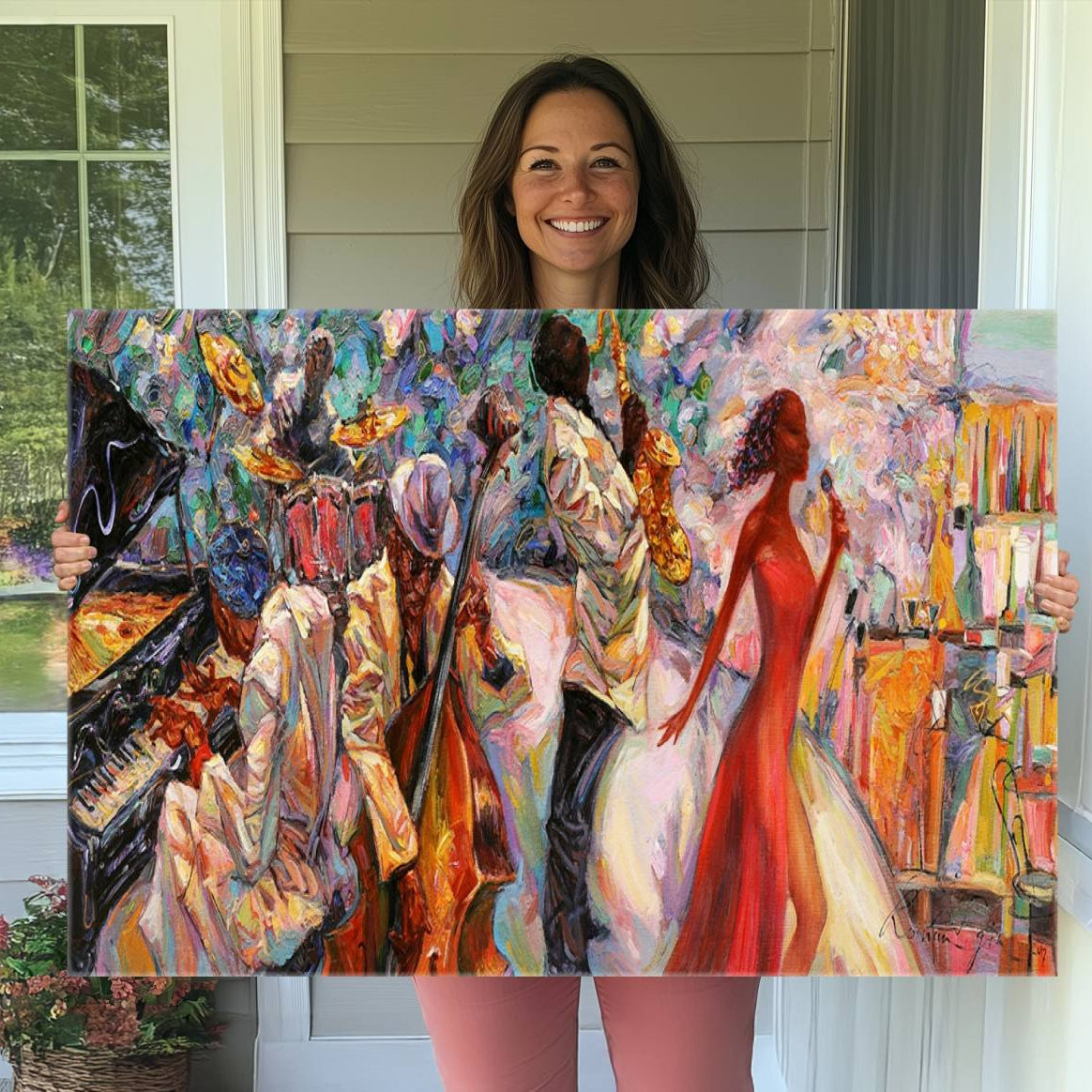 40574-MGV-CV-36X24-Afro American Jazz Band Canvas Wall Art | 3 Panel Music Printing for Living Room