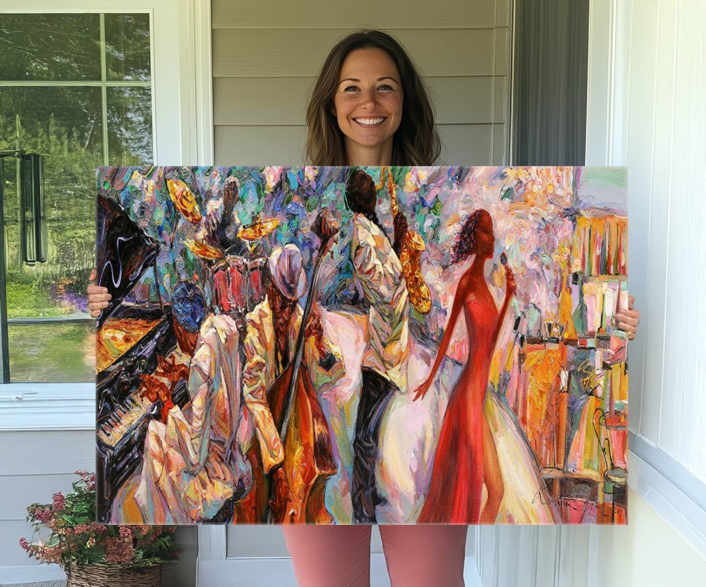 40574-MGV-CV-36X24-Afro American Jazz Band Canvas Wall Art | 3 Panel Music Printing for Living Room