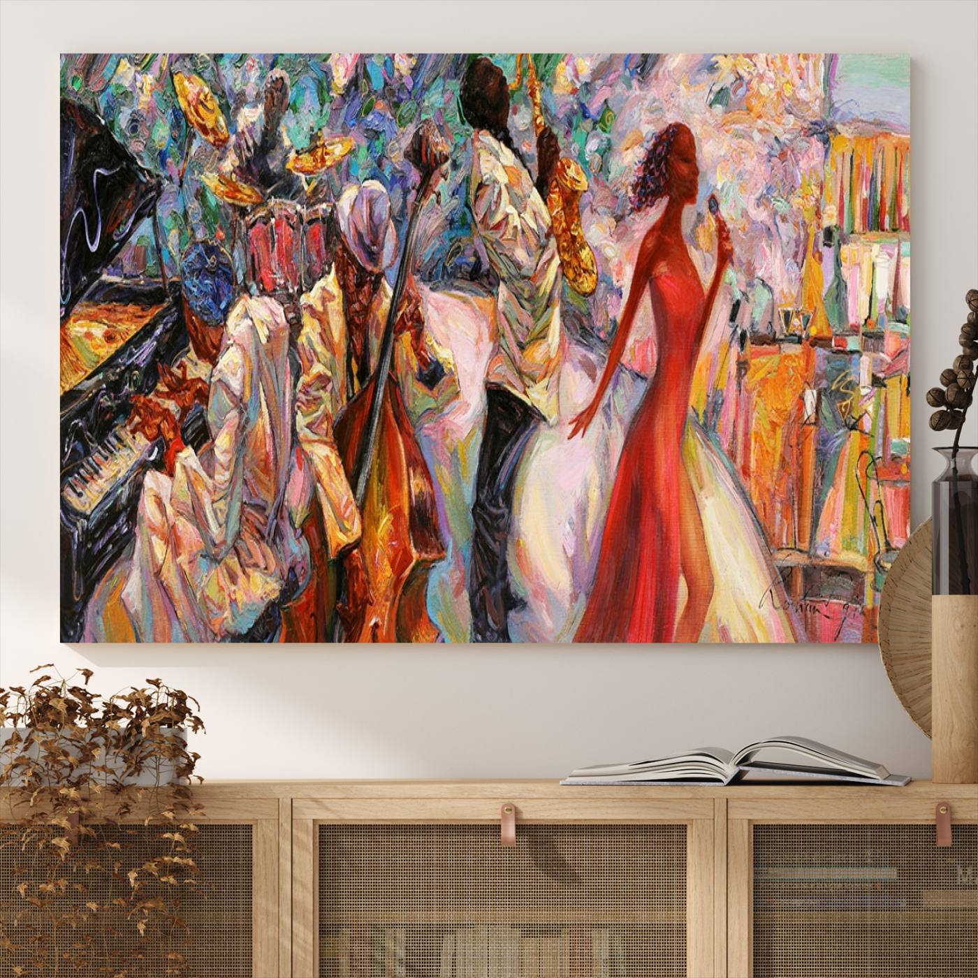 40574-MGV-CV-36X24-Afro American Jazz Band Canvas Wall Art | 3 Panel Music Printing for Living Room