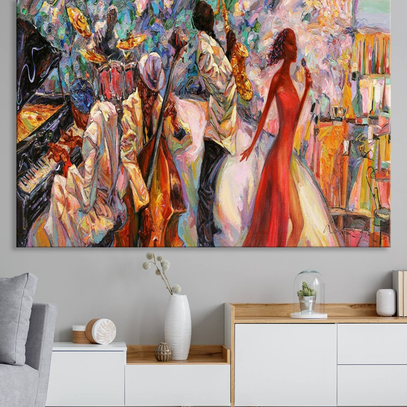 40574-MGV-CV-36X24-Afro American Jazz Band Canvas Wall Art | 3 Panel Music Printing for Living Room