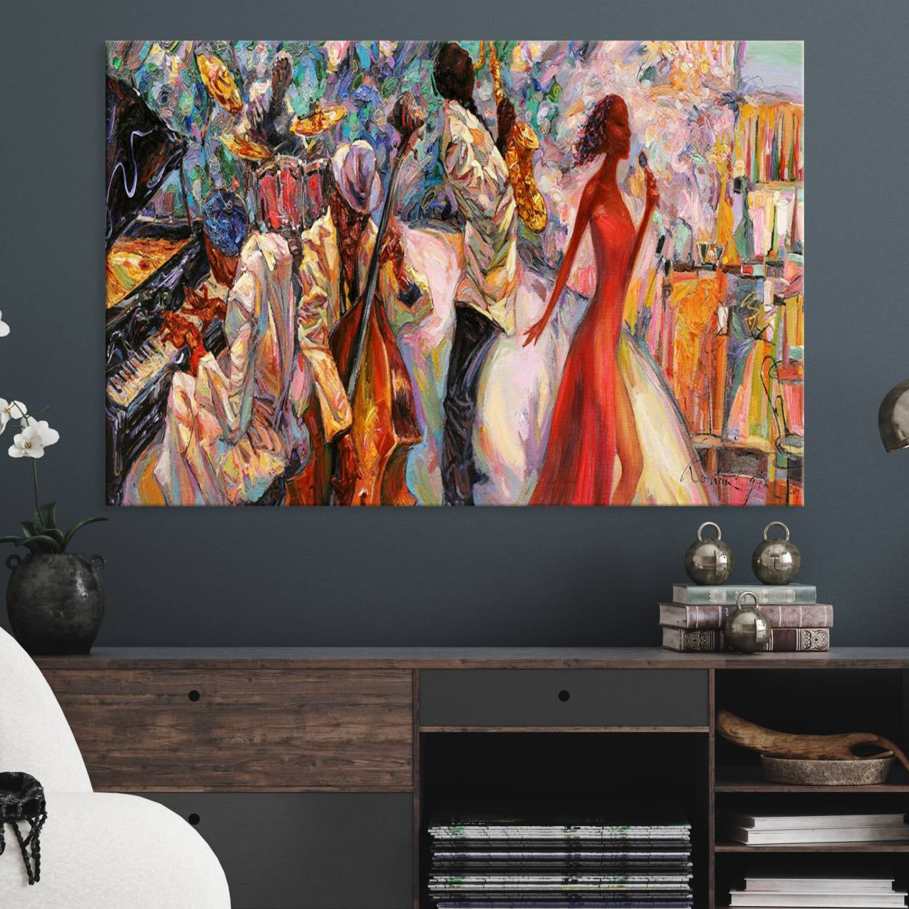 40574-MGV-CV-36X24-Afro American Jazz Band Canvas Wall Art | 3 Panel Music Printing for Living Room