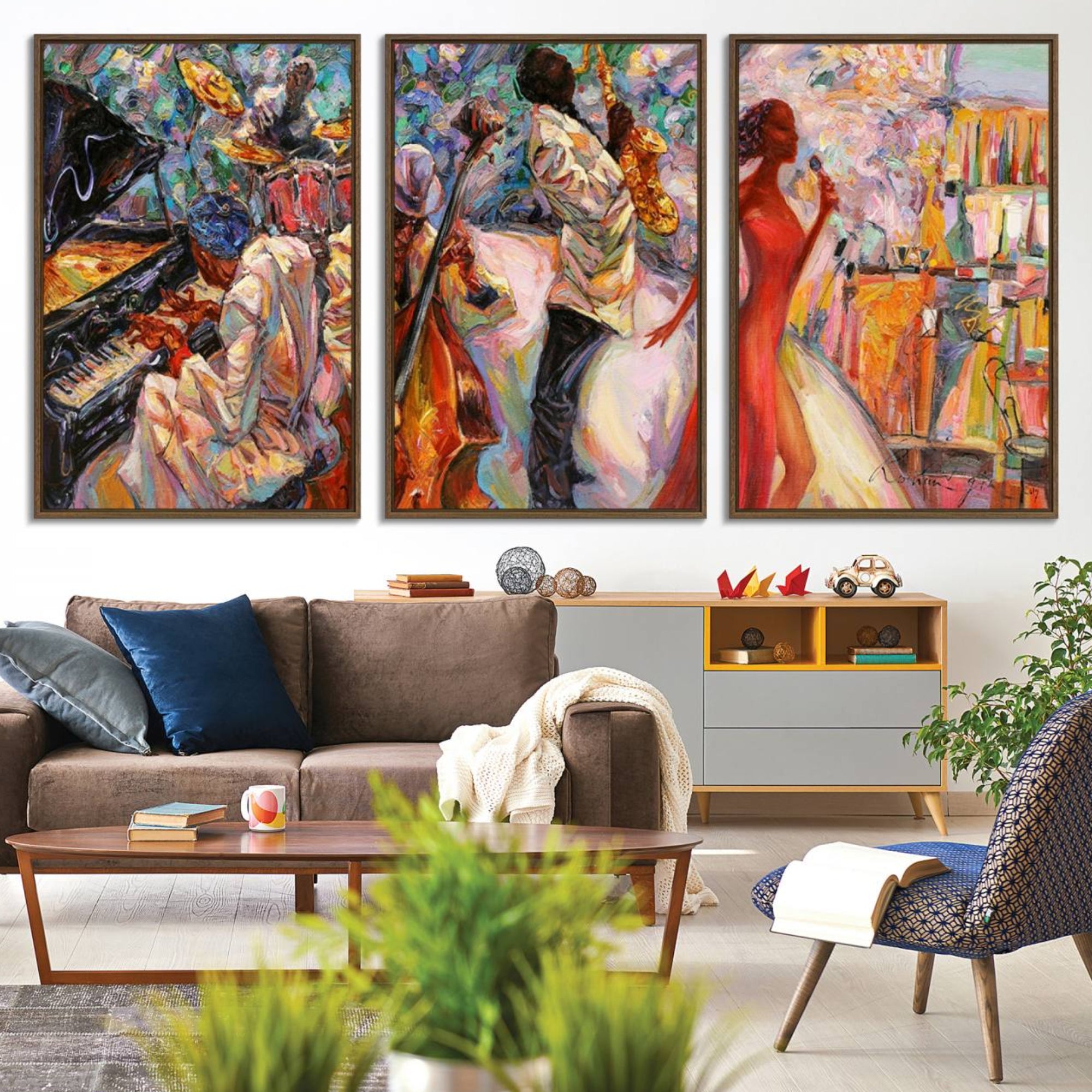 40574-MGV-CV-36X24-Afro American Jazz Band Canvas Wall Art | 3 Panel Music Printing for Living Room
