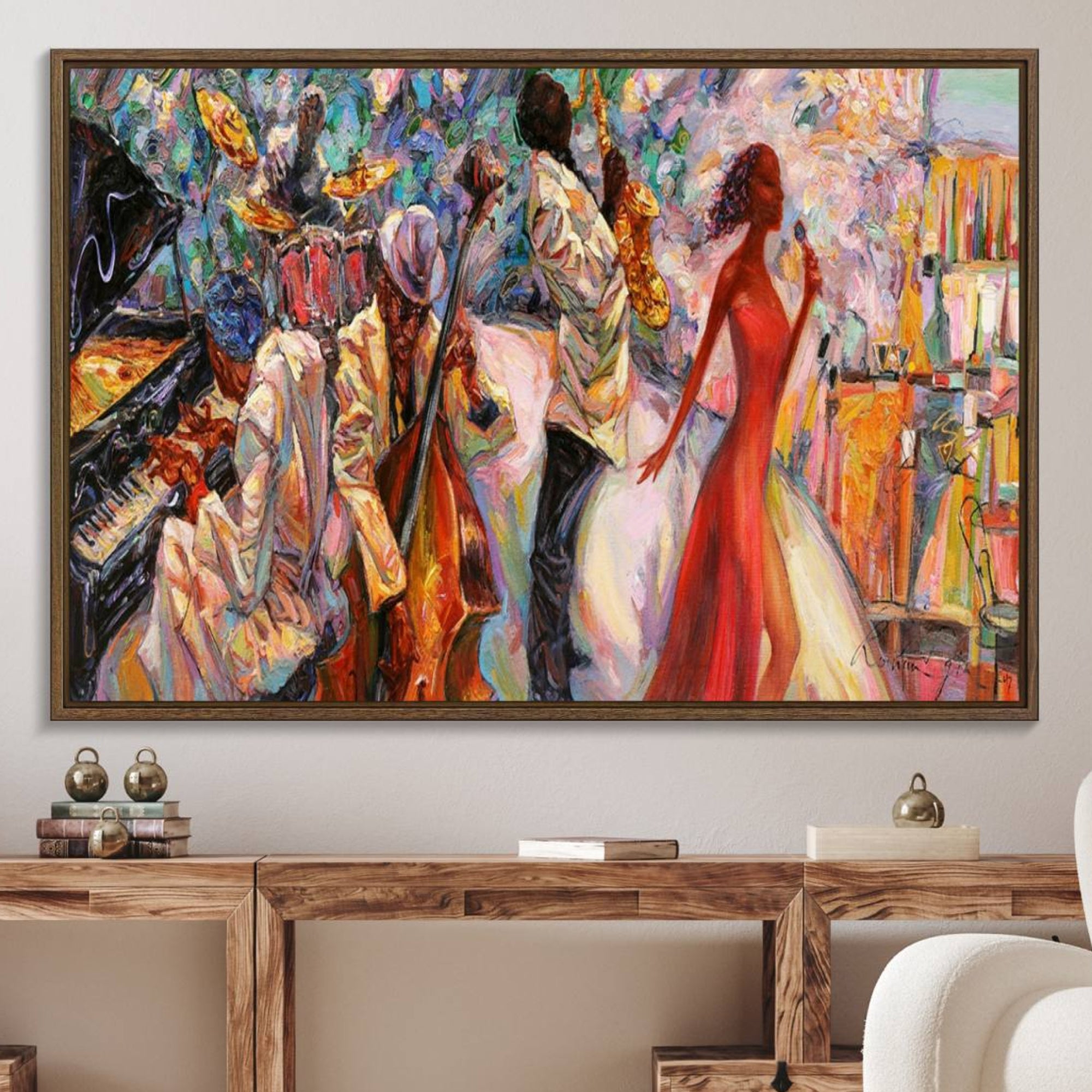 40574-MGV-FC-36X24_Walnut-Afro American Jazz Band Canvas Wall Art | 3 Panel Music Printing for Living Room