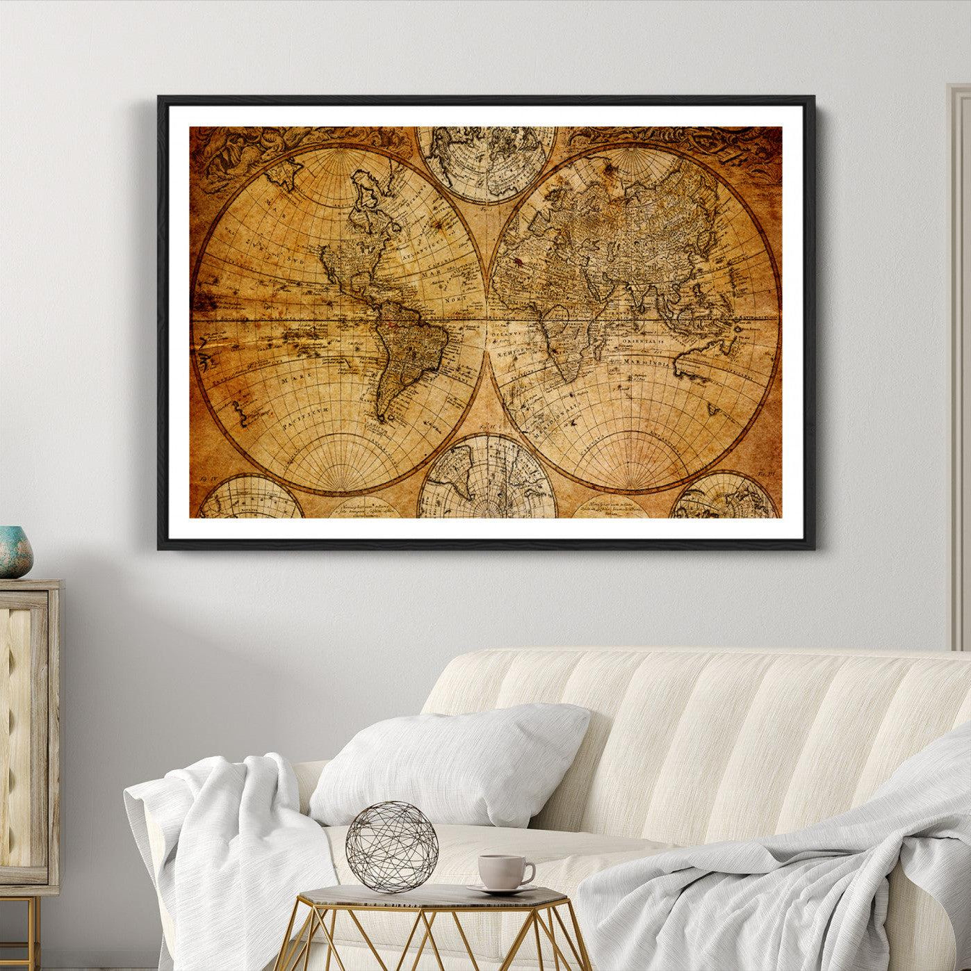 25517-MGC-FP-36x24_Black-Vintage World Map Canvas Print – Antique Push Pin Travel Map, Framed Wall Art for Home or Office Decor