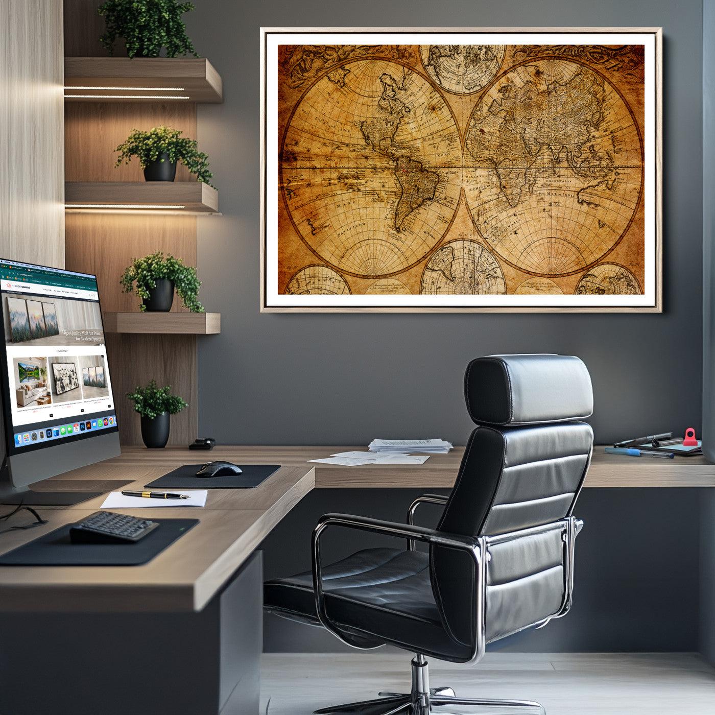 25517-MGV-CV-36X24-Vintage World Map Canvas Print – Antique Push Pin Travel Map, Framed Wall Art for Home or Office Decor