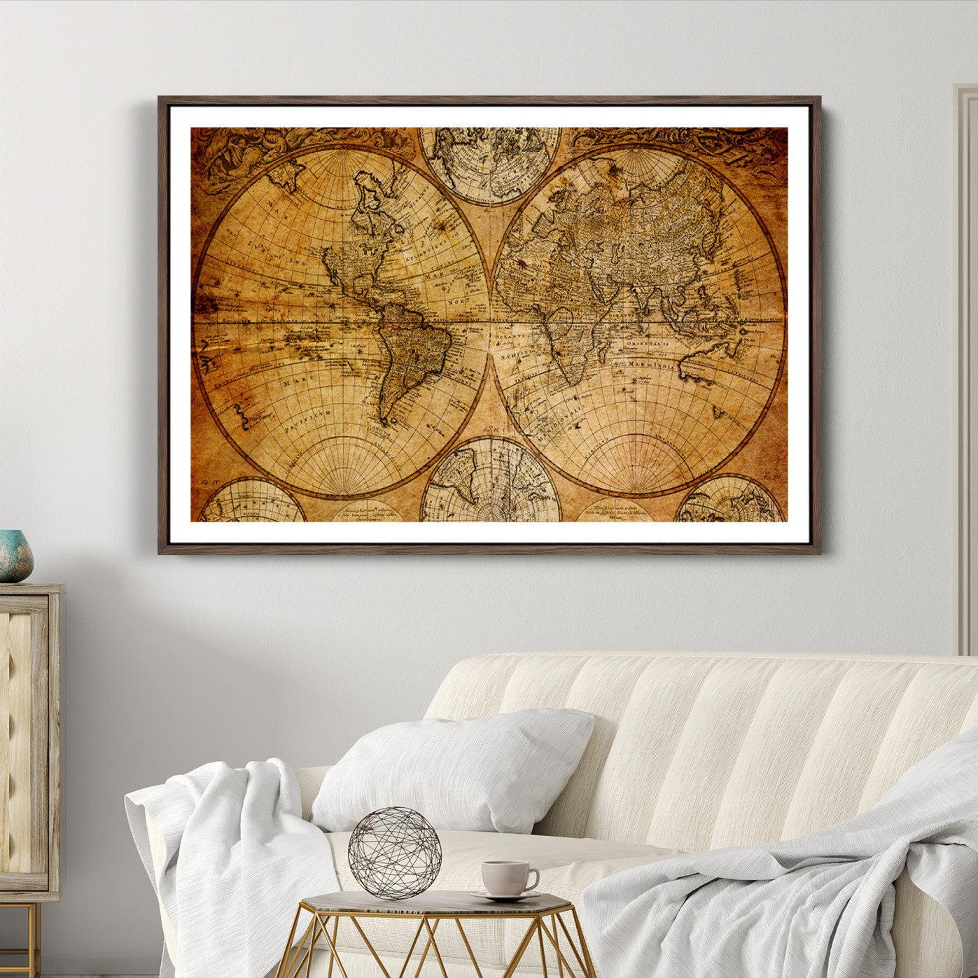 25517-MGC-FP-36x24_Walnut-Vintage World Map Canvas Print – Antique Push Pin Travel Map, Framed Wall Art for Home or Office Decor