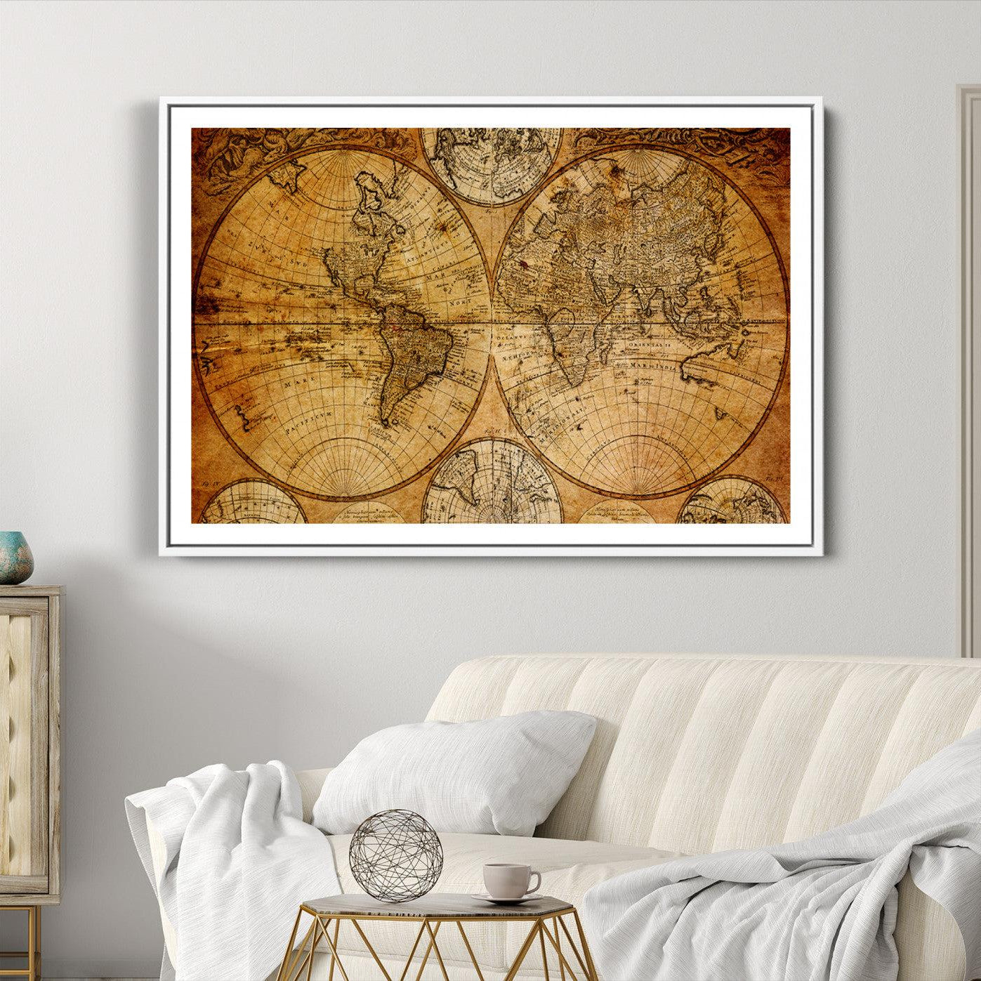 25517-MGC-FP-36x24_White-Vintage World Map Canvas Print – Antique Push Pin Travel Map, Framed Wall Art for Home or Office Decor