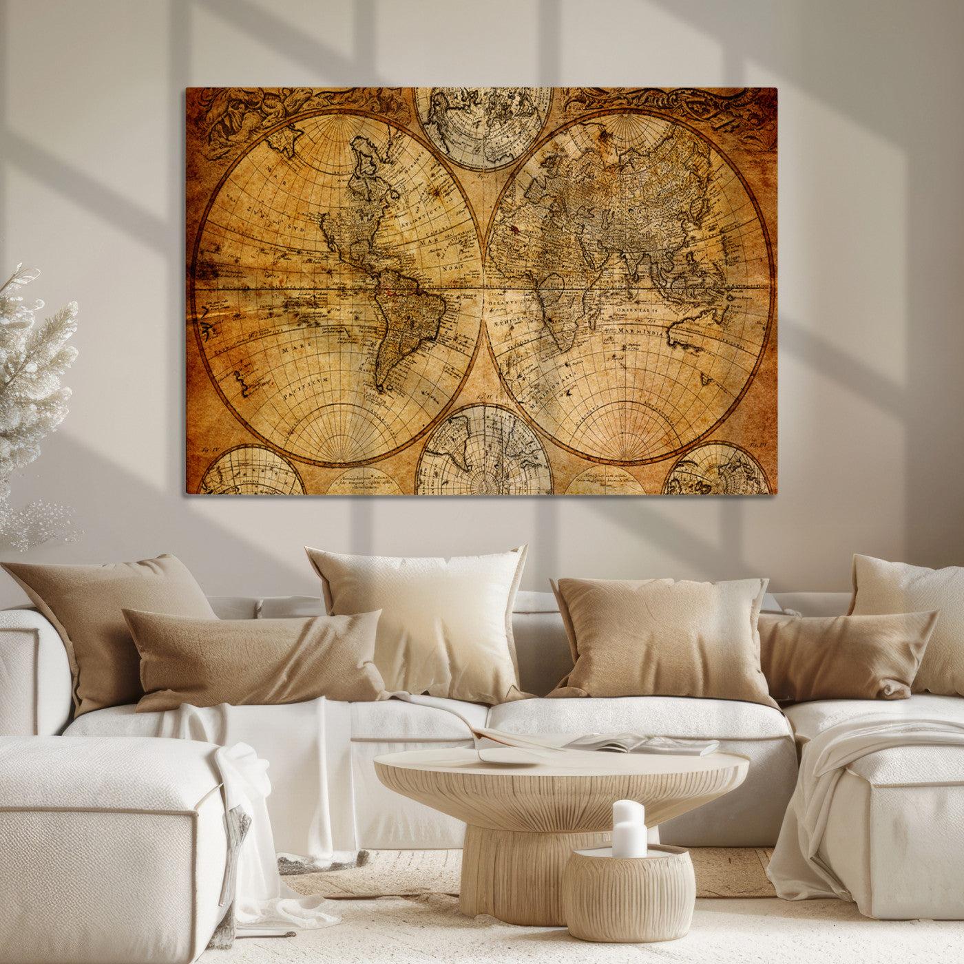 25517-MGV-CV-36X24-Vintage World Map Canvas Print – Antique Push Pin Travel Map, Framed Wall Art for Home or Office Decor