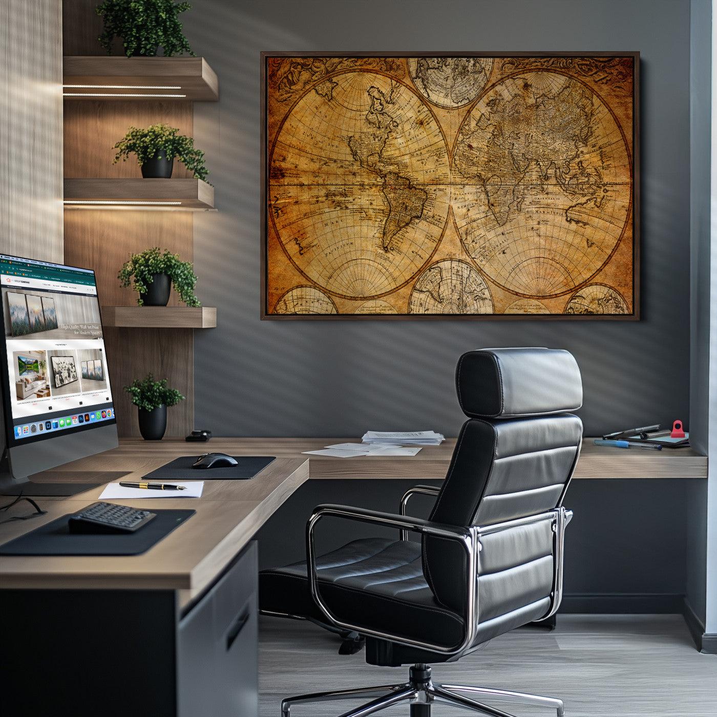 25517-MGV-CV-36X24-Vintage World Map Canvas Print – Antique Push Pin Travel Map, Framed Wall Art for Home or Office Decor