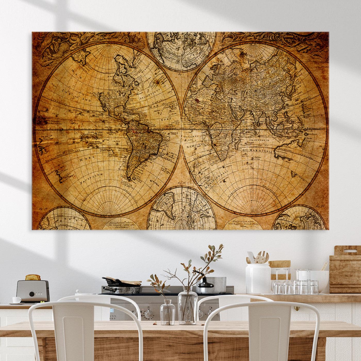 25517-MGV-CV-36X24-Vintage World Map Canvas Print – Antique Push Pin Travel Map, Framed Wall Art for Home or Office Decor
