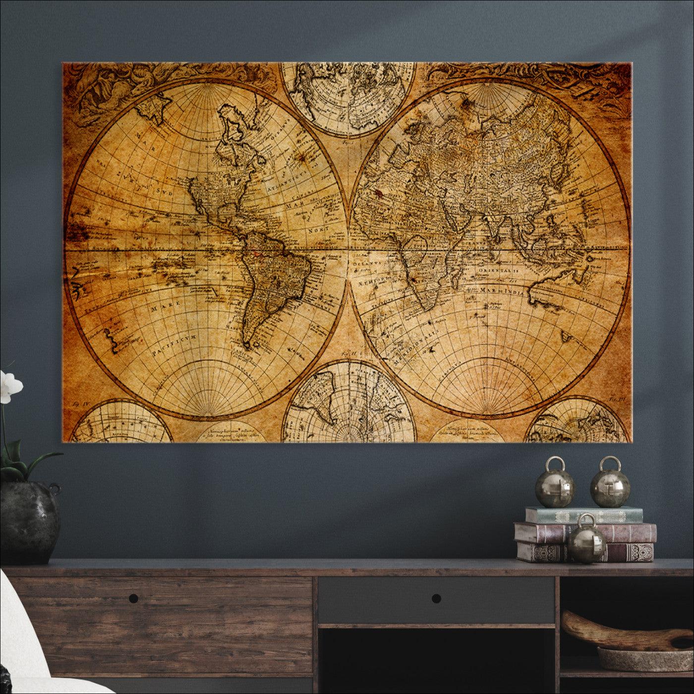 25517-MGV-CV-36X24-Vintage World Map Canvas Print – Antique Push Pin Travel Map, Framed Wall Art for Home or Office Decor