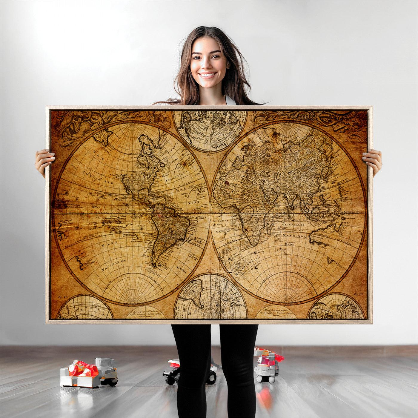 25517-MGV-CV-36X24-Vintage World Map Canvas Print – Antique Push Pin Travel Map, Framed Wall Art for Home or Office Decor