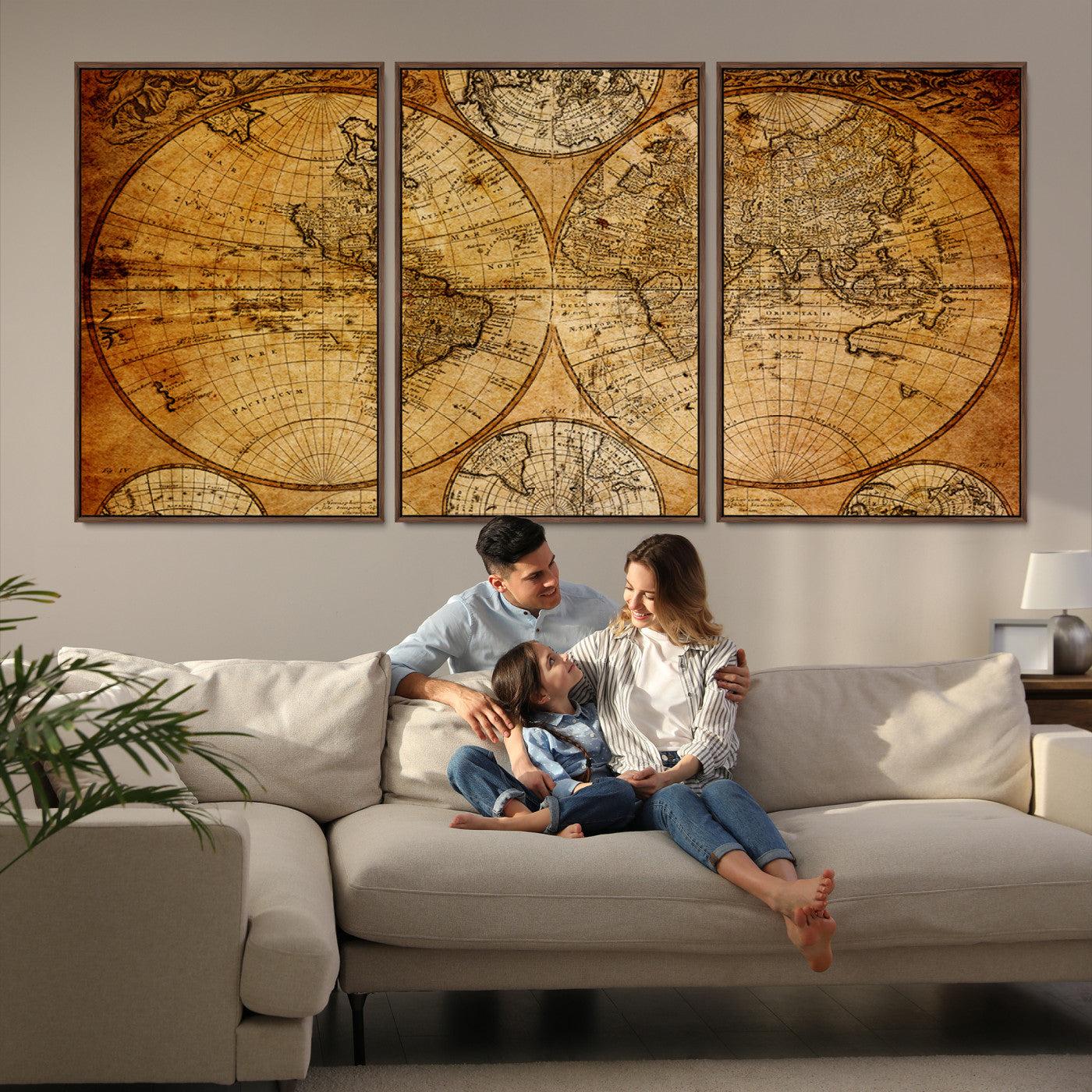 25517-MGV-CV-36X24-Vintage World Map Canvas Print – Antique Push Pin Travel Map, Framed Wall Art for Home or Office Decor